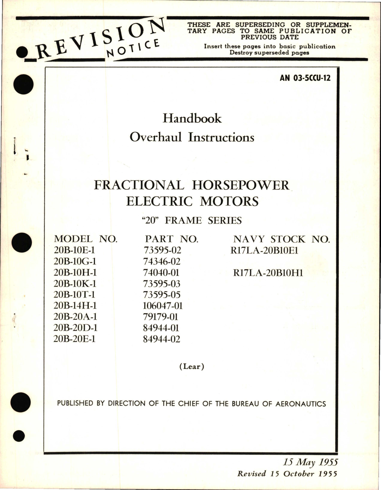 Sample page 1 from AirCorps Library document: Overhaul Instructions for Fractional Horsepower Electric Motors - 20 Frame Series
