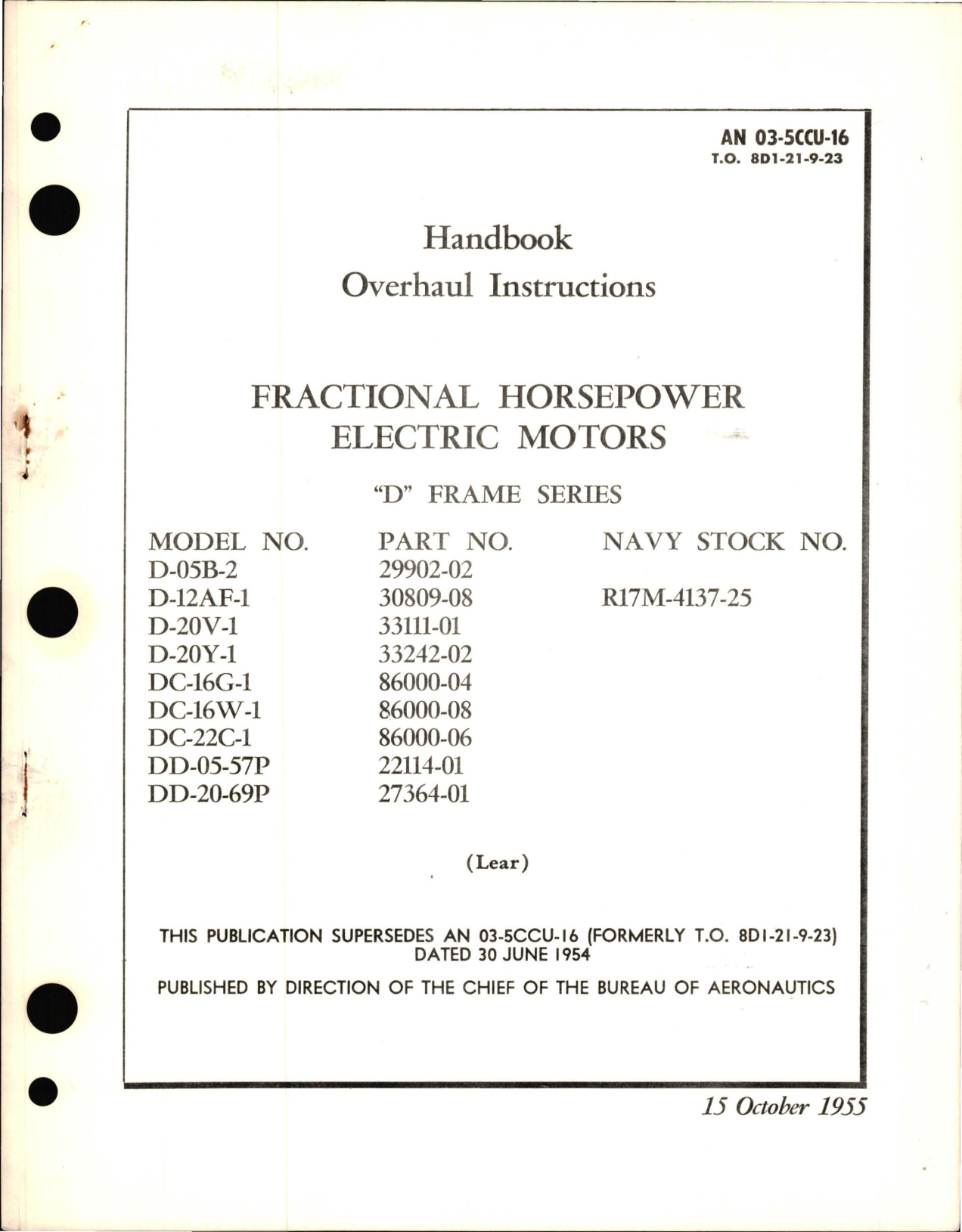 Sample page 1 from AirCorps Library document: Overhaul Instructions for Fractional Horsepower Electric Motors - D Frame Series