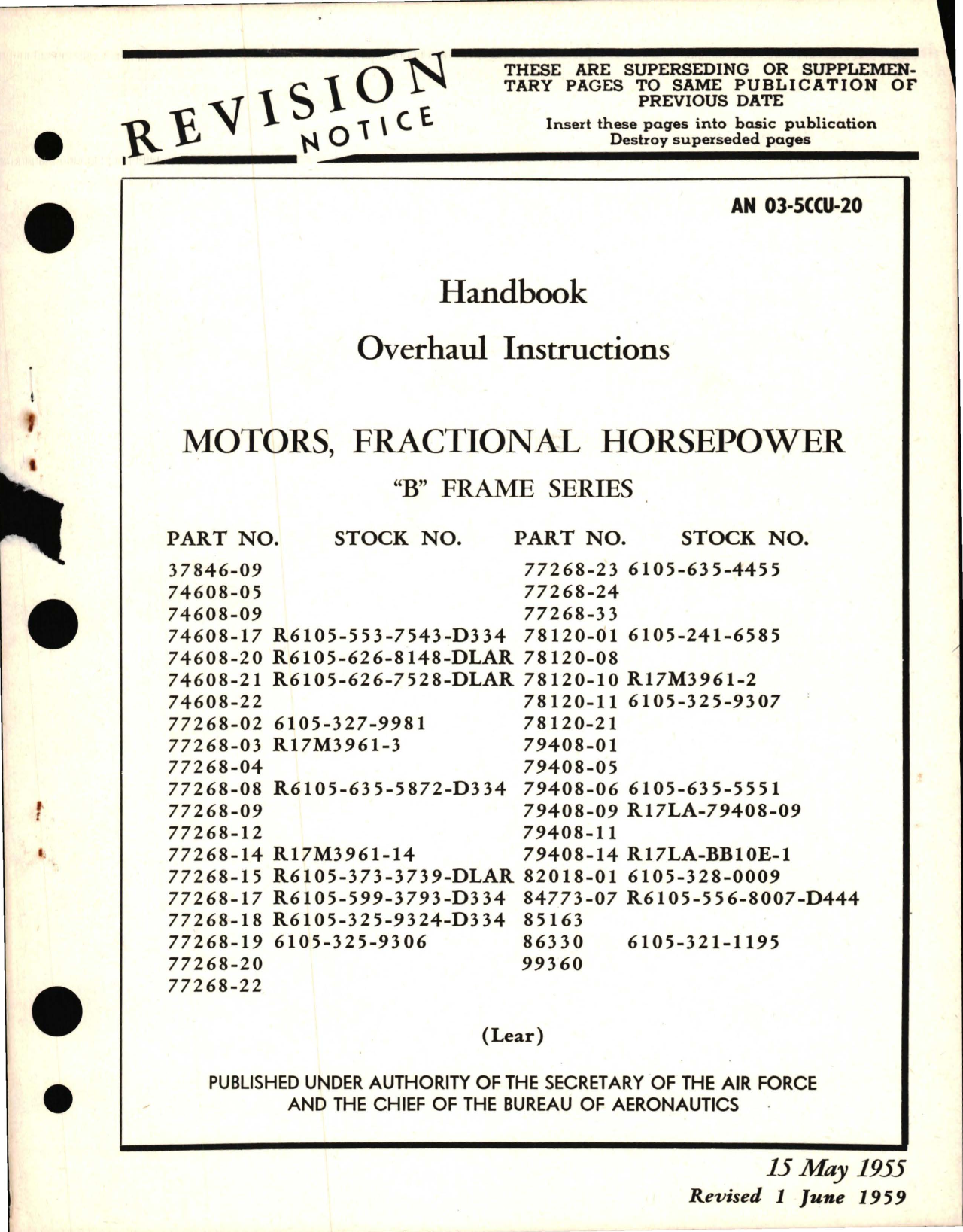 Sample page 1 from AirCorps Library document: Overhaul Instructions for Fractional Horsepower Motors - B Frame Series 