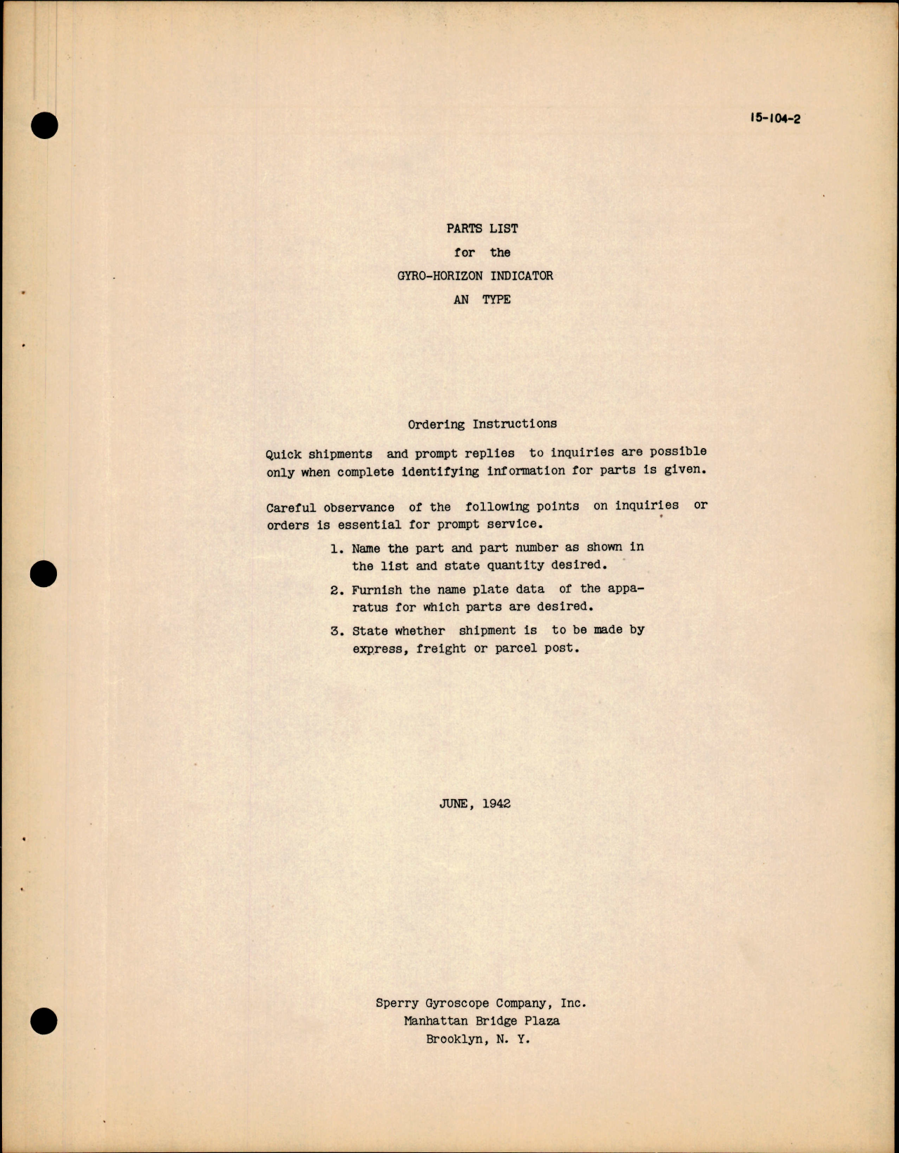 Sample page 1 from AirCorps Library document: Parts List for Gyro-Horizon Indicator AN Type