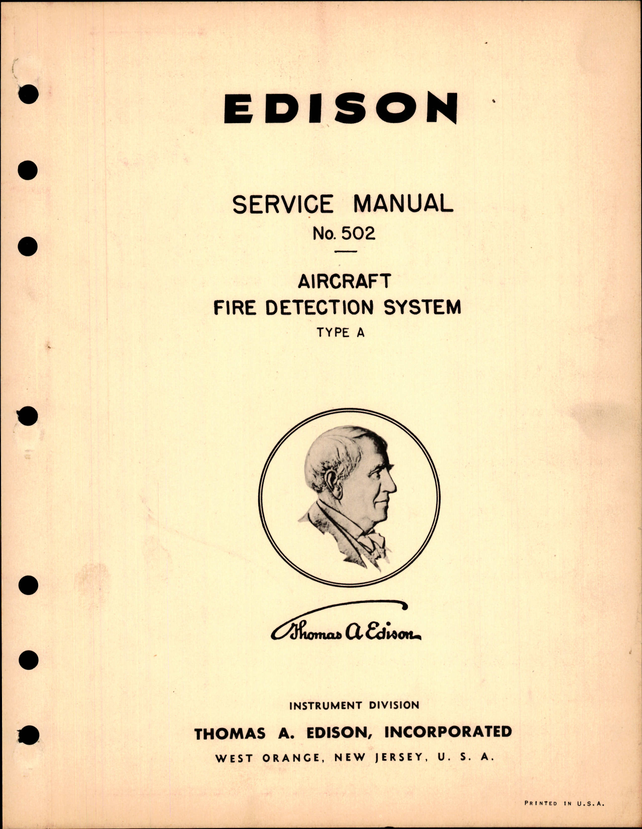 Sample page 1 from AirCorps Library document: Service Manual No. 502 for Aircraft Fire Detection System Type A