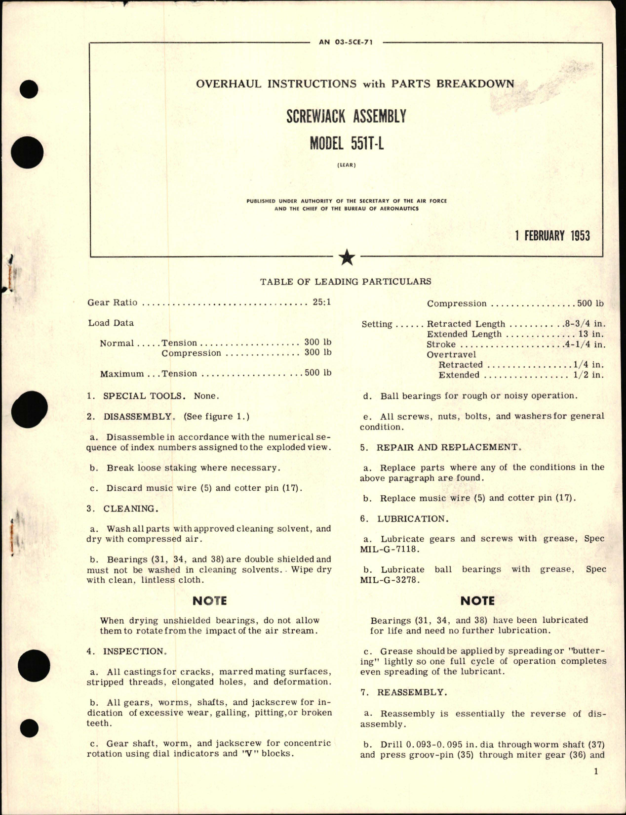 Sample page 1 from AirCorps Library document: Overhaul Instructions with Parts Breakdown for Screwjack Assembly - Model 551T-L