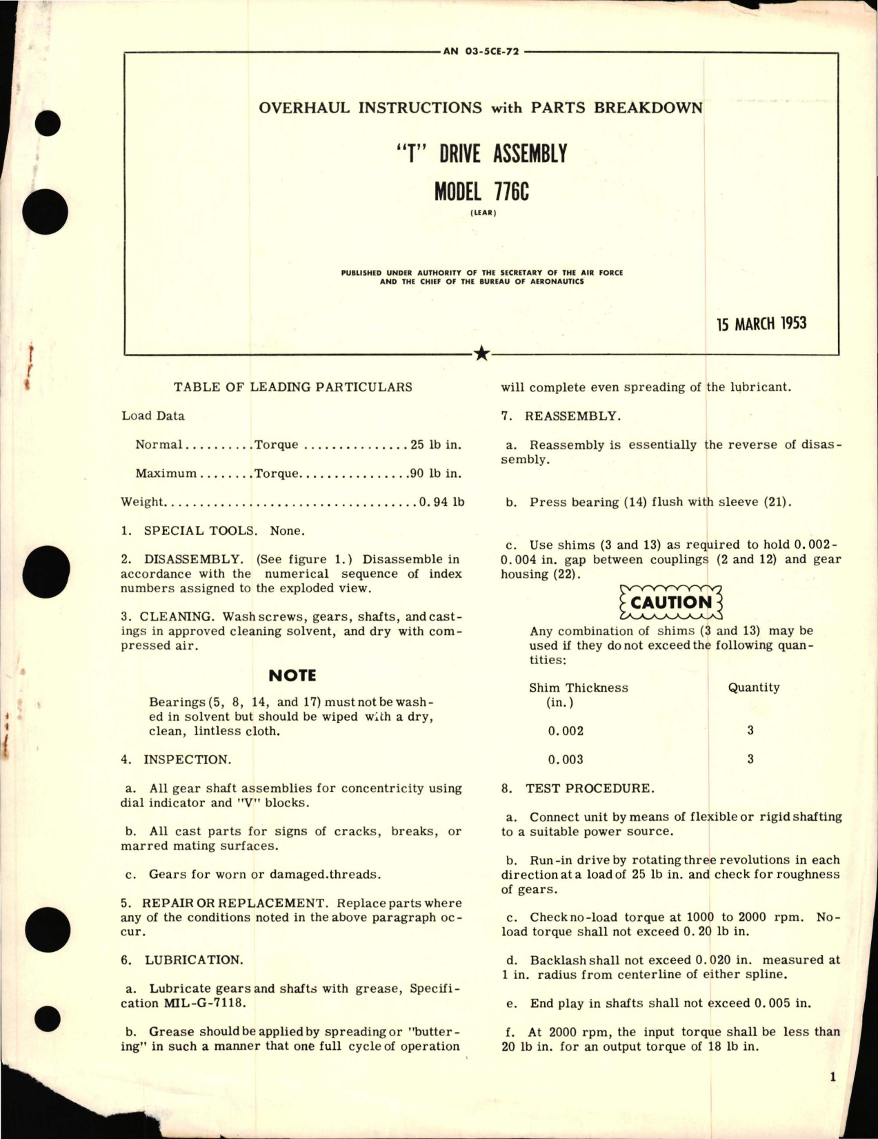 Sample page 1 from AirCorps Library document: Overhaul Instructions with Parts Breakdown T Drive Assembly - Model 776C 