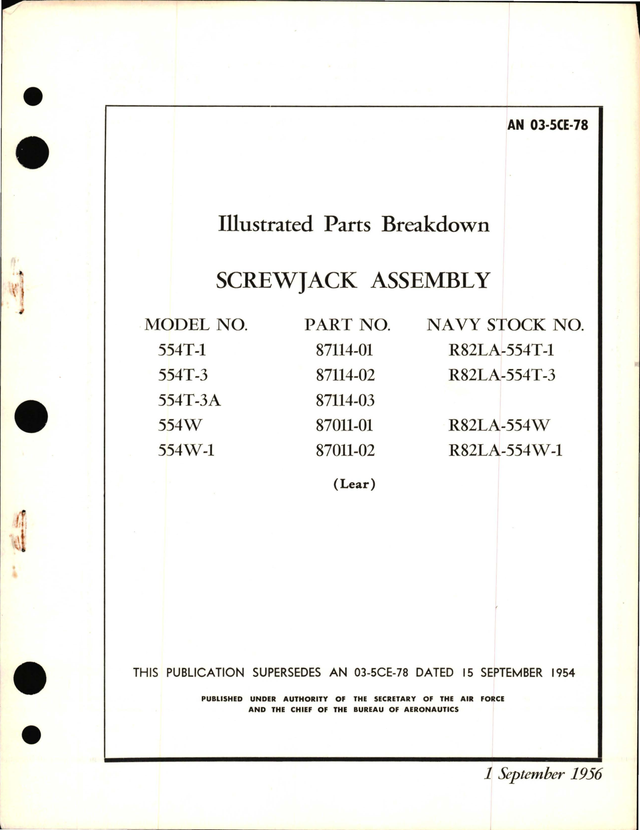 Sample page 1 from AirCorps Library document: Illustrated Parts Breakdown for Screwjack Assembly - 554T and 554W Series 