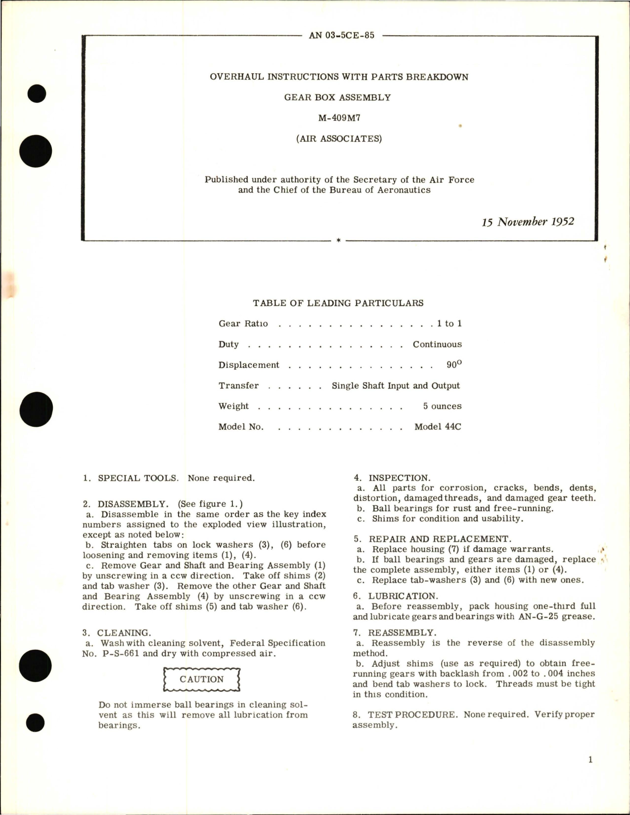 Sample page 1 from AirCorps Library document: Overhaul Instructions with Parts Breakdown for Gear Box Assembly - M-409M7 