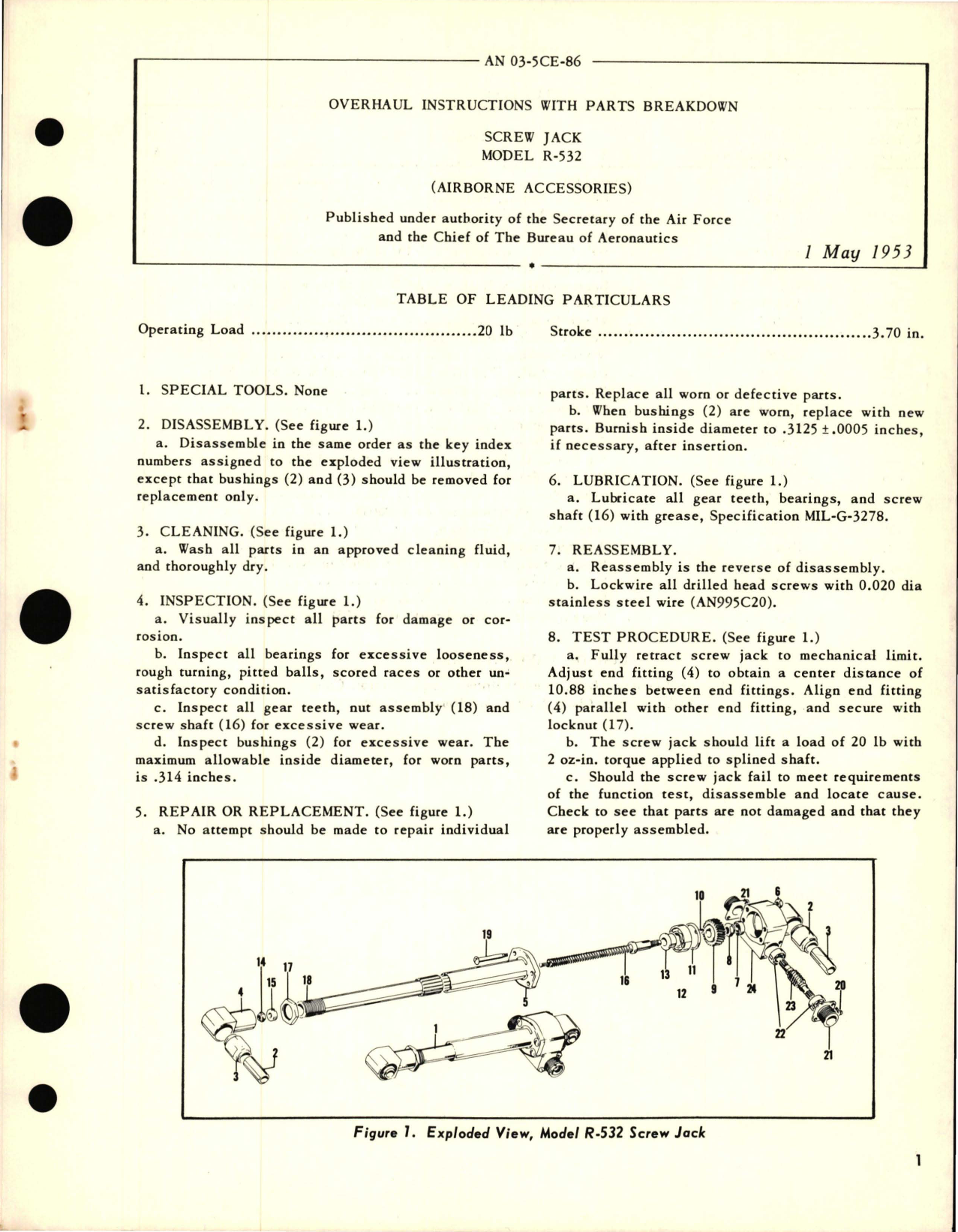 Sample page 1 from AirCorps Library document: Overhaul Instructions w Parts Breakdown for Screw Jack - Model R-532 