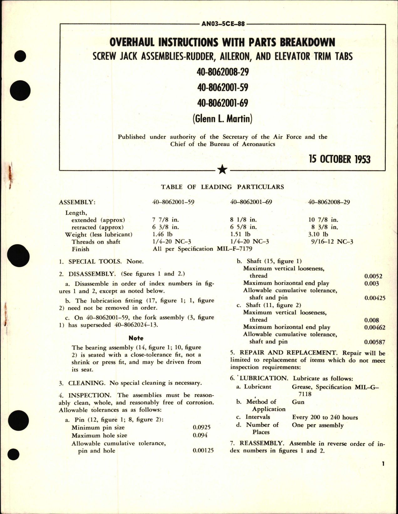 Sample page 1 from AirCorps Library document: Overhaul Instructions with Parts Breakdown for Screw Jack Assemblies Rutter, Aileron and Elevator Trim Tabs