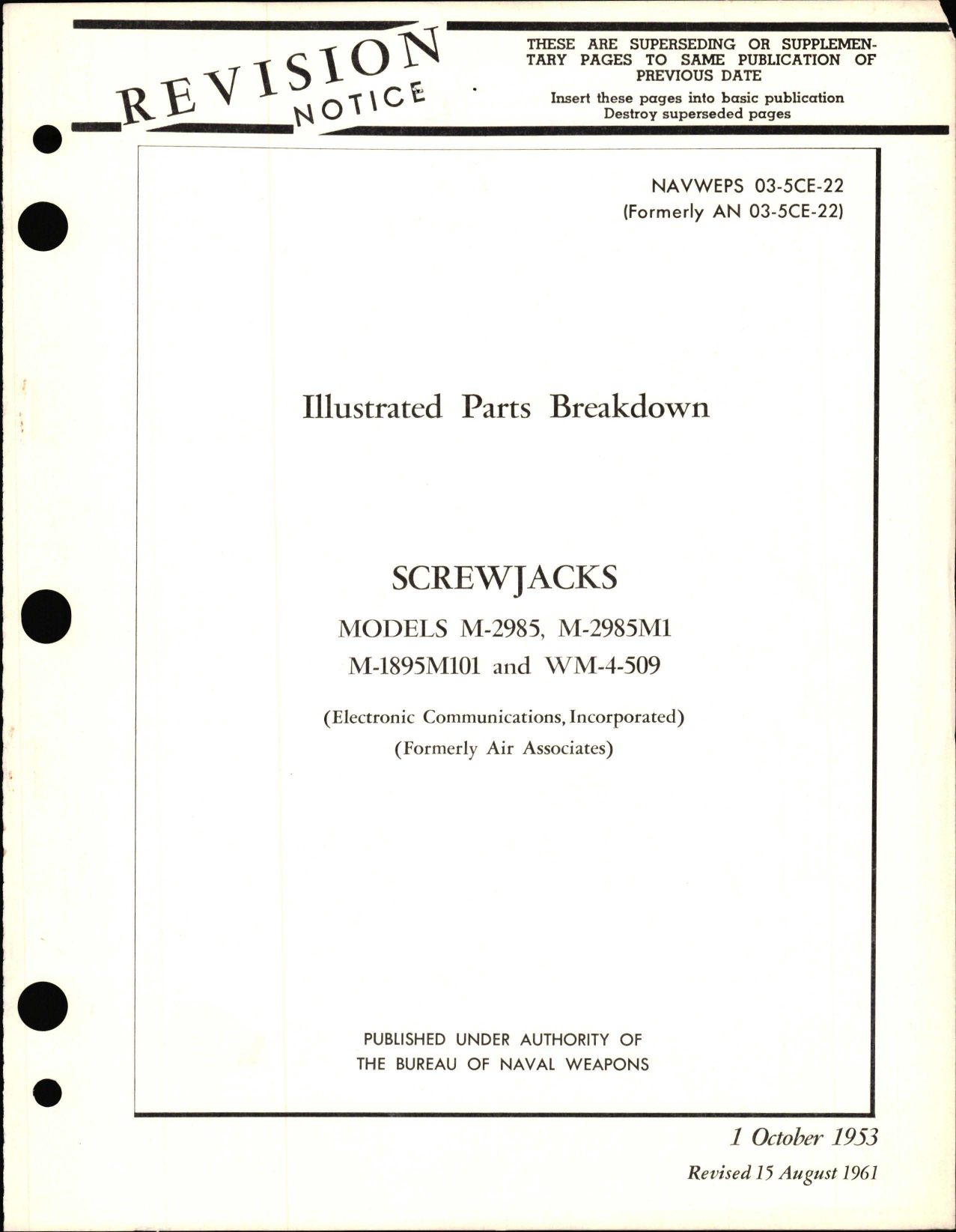 Sample page 1 from AirCorps Library document: Illustrated Parts Breakdown for Screwjacks - Models M2985, M-2985M1, M-1895M101 and WM-4-509 