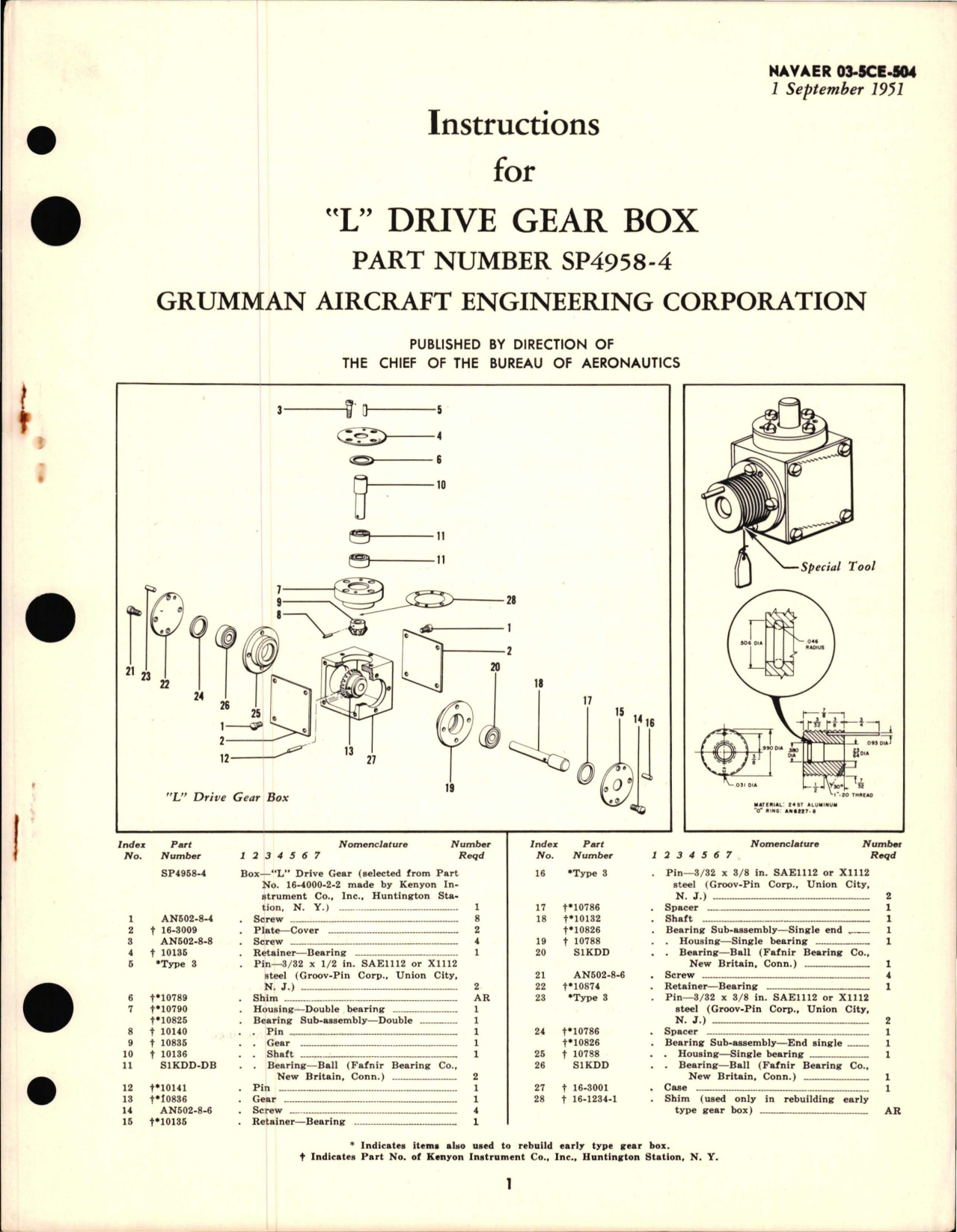 Sample page 1 from AirCorps Library document: Instructions for L Drive Gear Box - Part SP4958-4