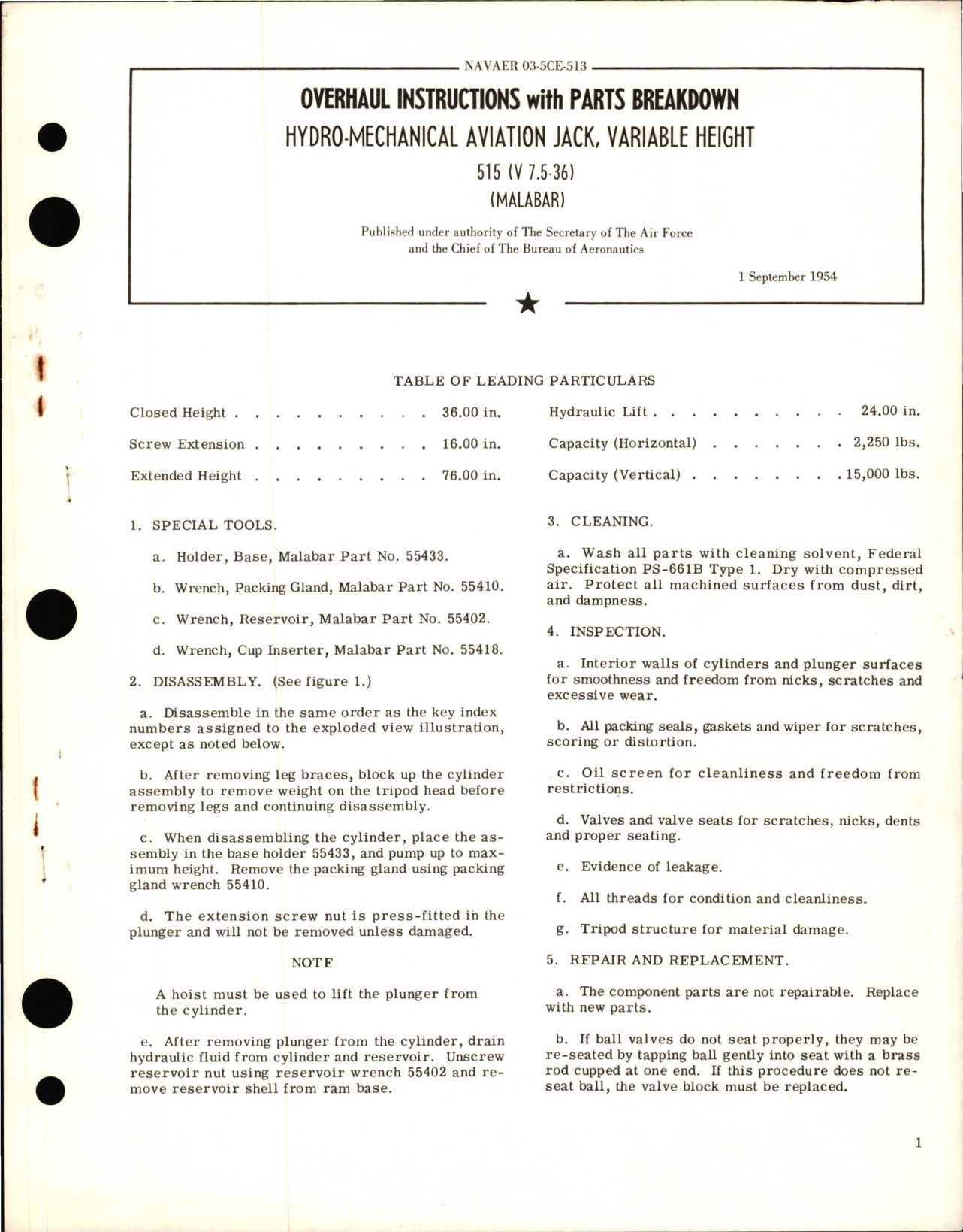 Sample page 1 from AirCorps Library document: Overhaul Instructions with Parts Breakdown for Hydro Mechanical Aviation Jack, Variable Height 515 V7.5-36