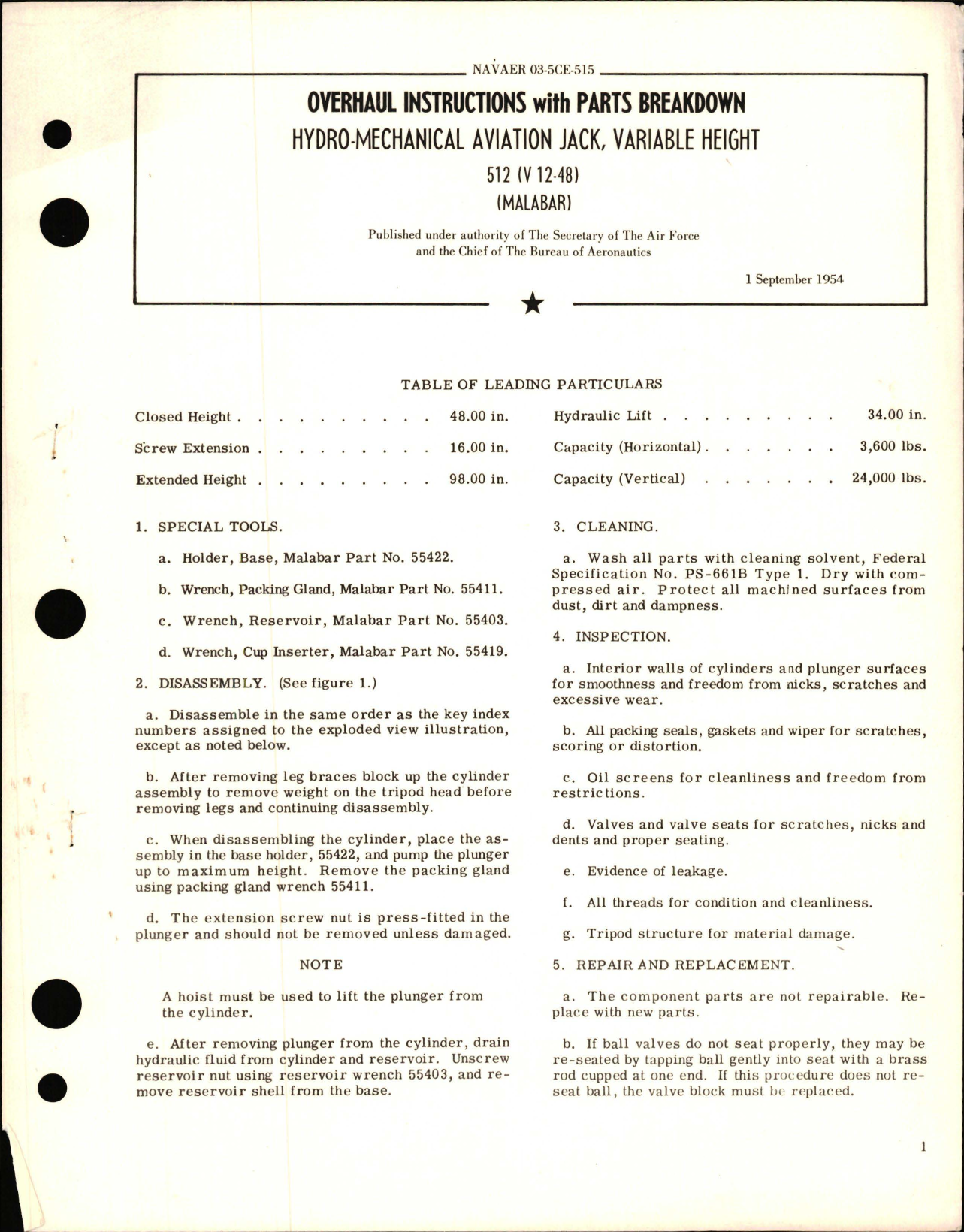 Sample page 1 from AirCorps Library document: Overhaul Instructions w Parts Breakdown for Hydro Mechanical Aviation Jack, Variable Height 512 V 12-48 (Malabar)