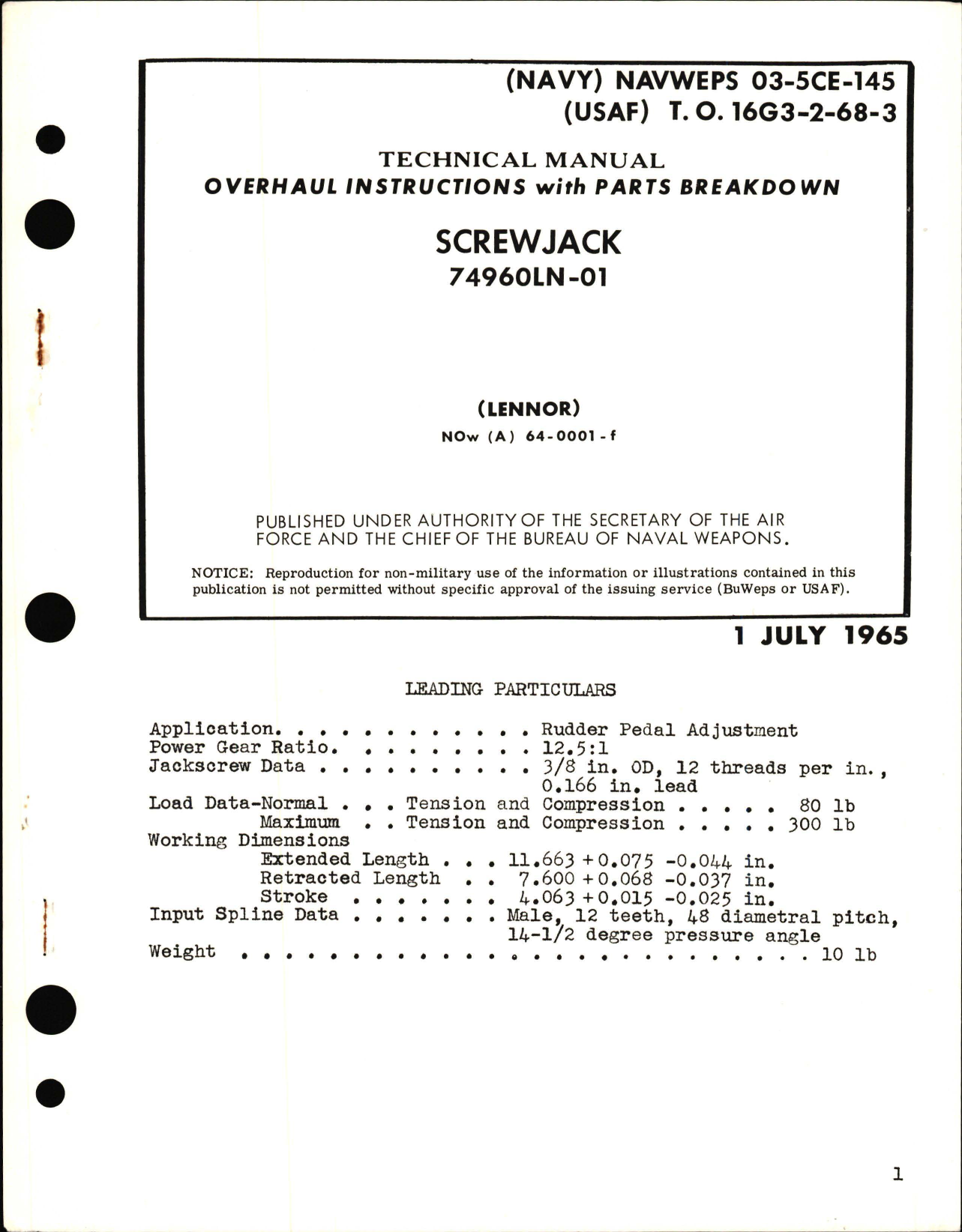 Sample page 1 from AirCorps Library document: Overhaul Instructions with Parts Breakdown for Screwjack 74960LN-01 