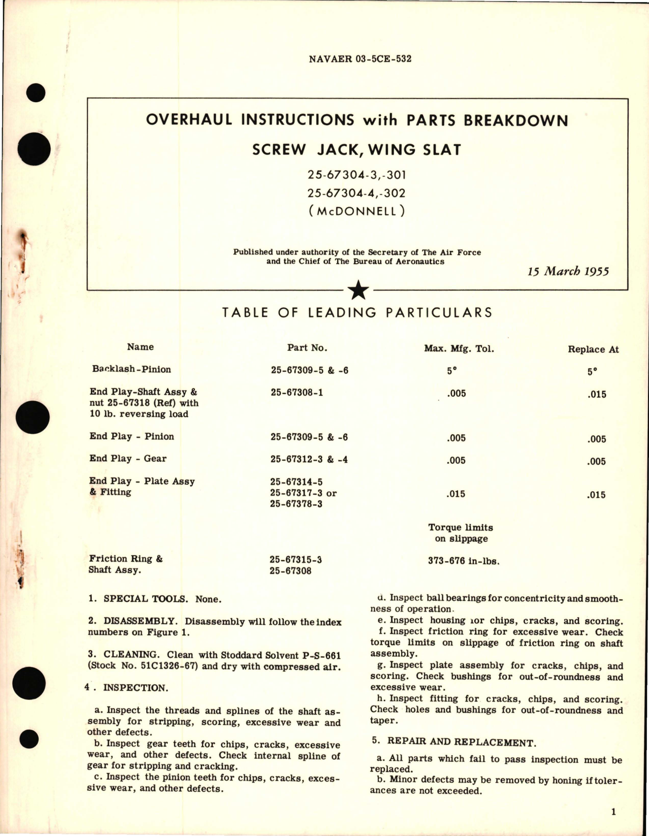 Sample page 1 from AirCorps Library document: Overhaul Instructions with Parts Breakdown for Screw Jack, Wing Slat - 25-67304-3, -301 and 25-67304-4, -302 