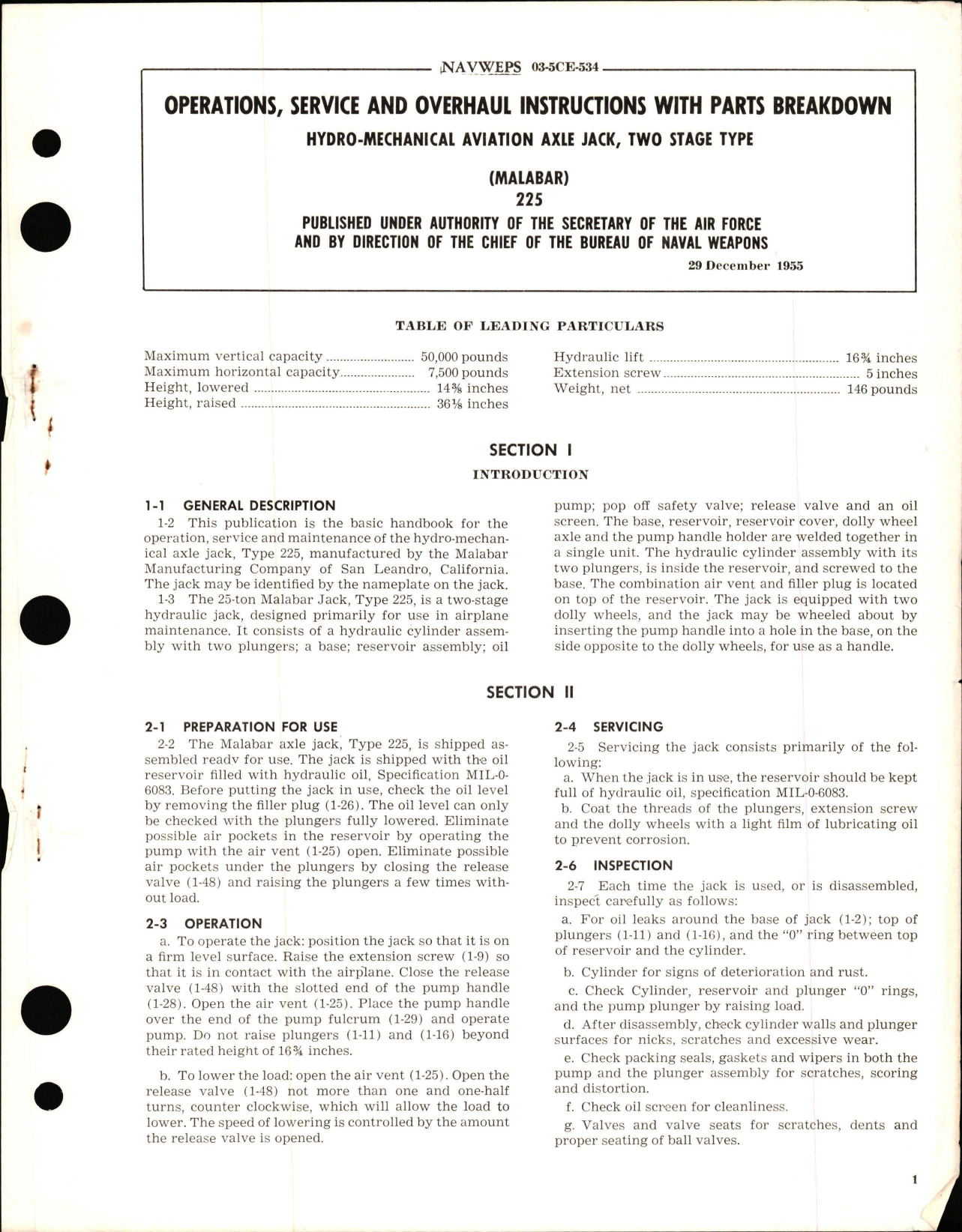 Sample page 1 from AirCorps Library document: Operation, Service, and Overhaul Instructions with Parts Breakdown for Hydro Mechanical Aviation Axle Jack, Two Stage Type 225