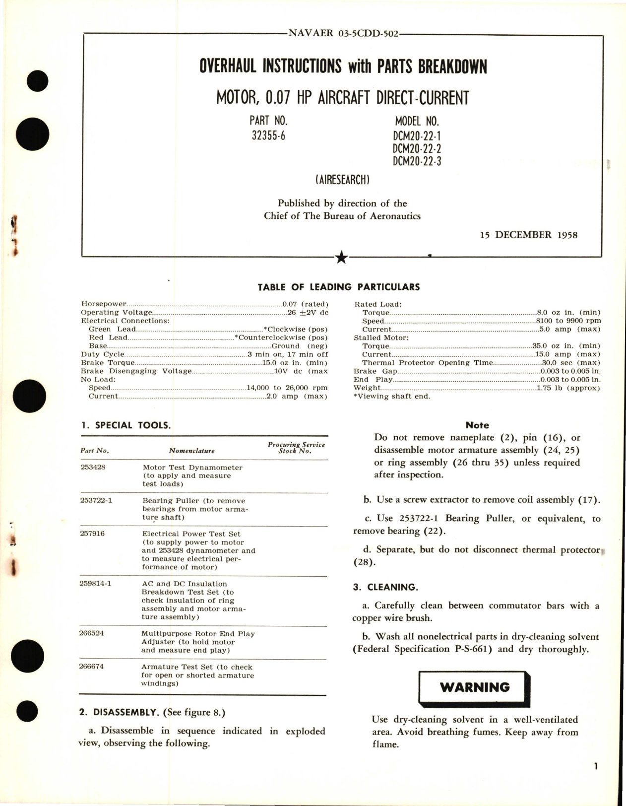 Sample page 1 from AirCorps Library document: Overhaul Instructions with Parts Breakdown for Motor, 0.07 HP Aircraft Direct Current - Part 32355-6
