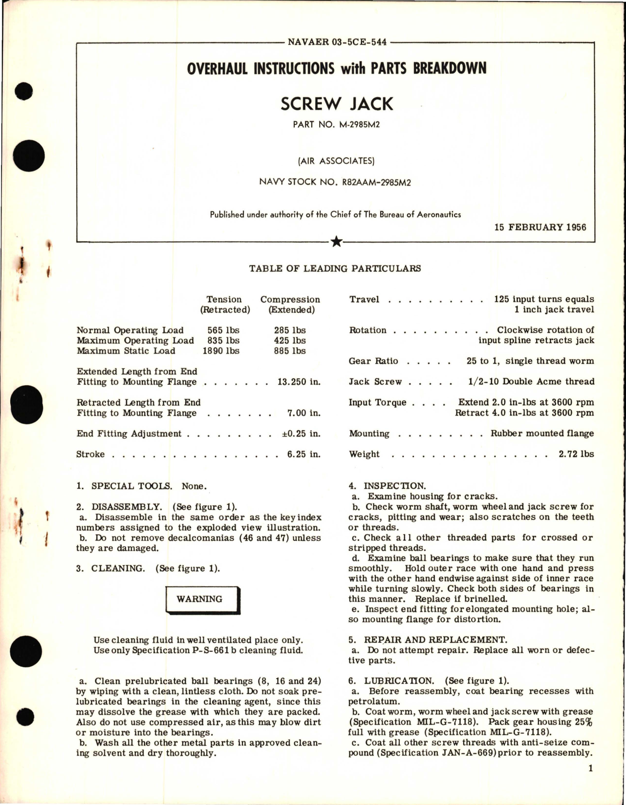 Sample page 1 from AirCorps Library document: Overhaul Instructions with Parts Breakdown for Screw Jack - Part M-2985M2, 