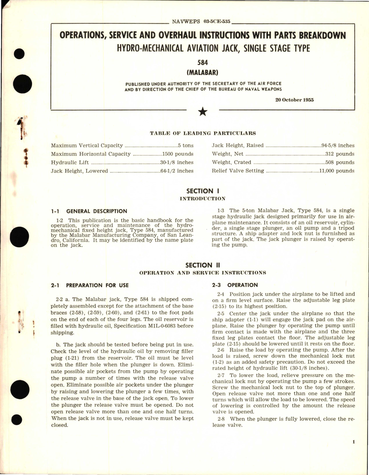 Sample page 1 from AirCorps Library document: Operations, Service and Overhaul Instructions with Parts Breakdown for Hydro Mechanical Aviation Jack, Single Stage Type 584