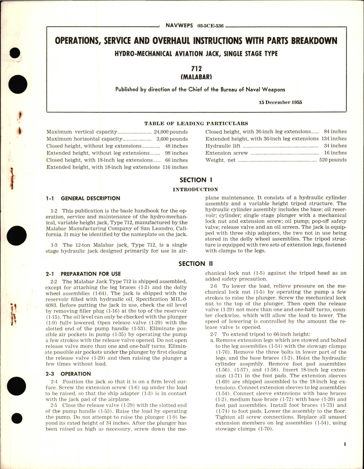 Sample page 1 from AirCorps Library document: Operations, Service and Overhaul Instructions w Parts Breakdown for Hydro Mechanical Aviation Jack, Single Stage Type 712 