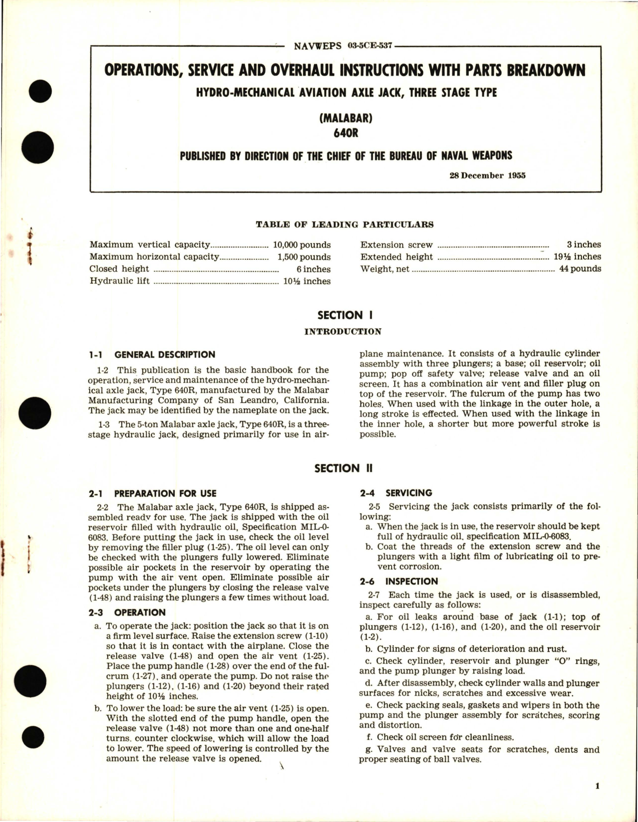 Sample page 1 from AirCorps Library document: Operations, Service and Overhaul Instructions with Parts Breakdown for Hydro Mechanical Aviation Axle Jack, Three Stage Type 640R