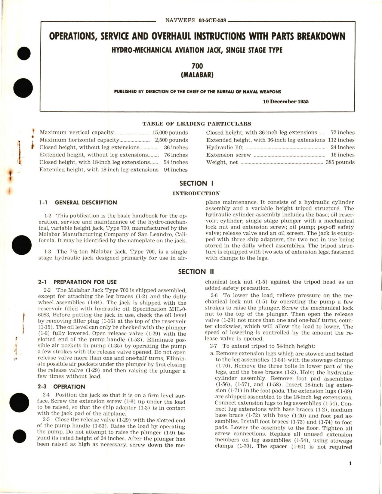 Sample page 1 from AirCorps Library document: Operations, Service and Overhaul Instructions with Parts Breakdown for Hydro Mechanical Aviation Jack, Single Stage Type 700