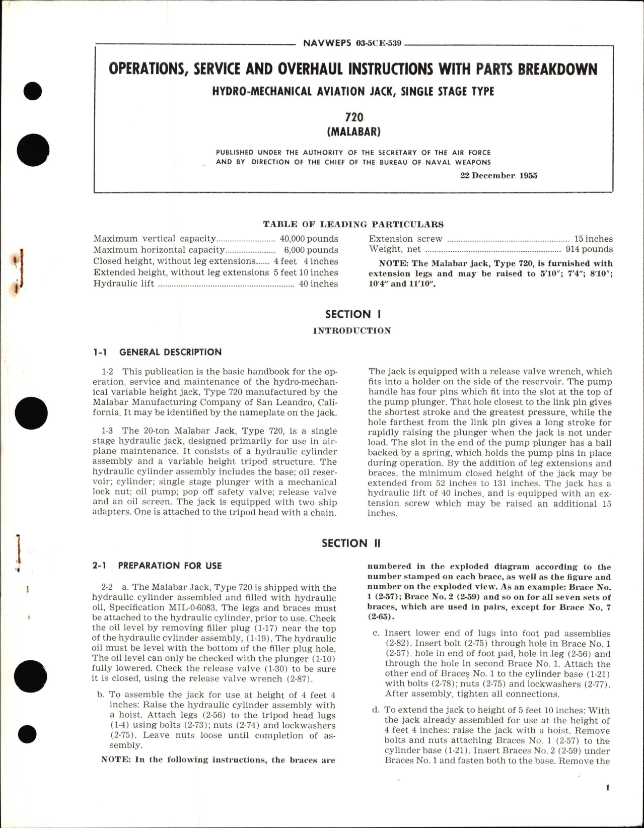 Sample page 1 from AirCorps Library document: Operations, Service and Overhaul Instructions with Parts Breakdown for Hydro Mechanical Aviation Jack, Single Stage Type 720