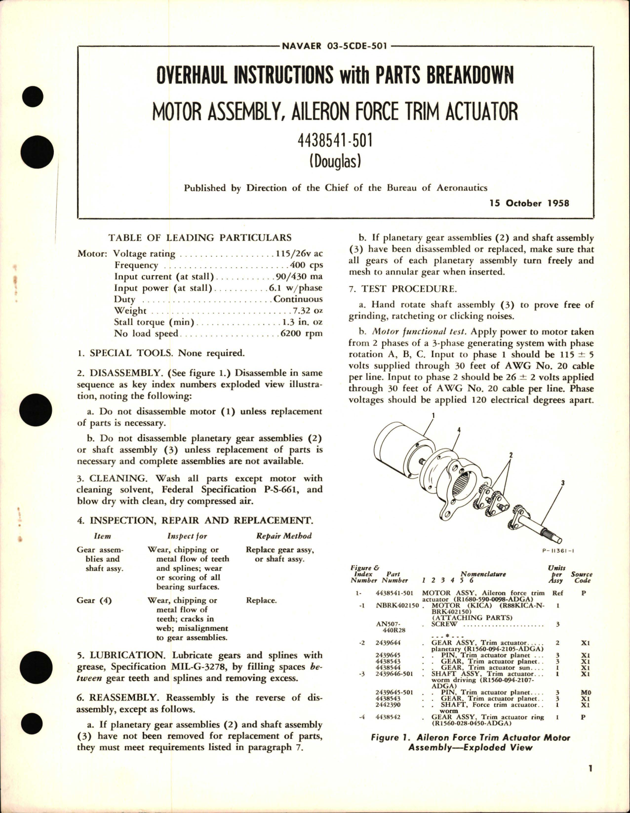 Sample page 1 from AirCorps Library document: Overhaul Instructions with Parts Breakdown for Motor Assembly, Aileron Force Trim Actuator - Part 4438541-501