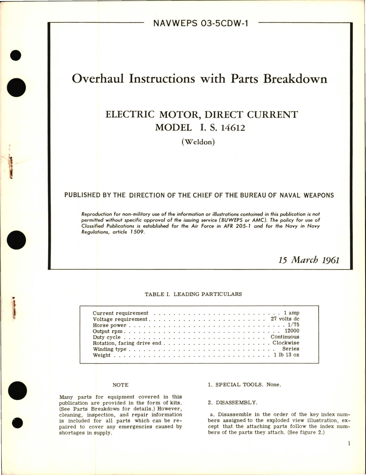 Sample page 1 from AirCorps Library document: Overhaul Instructions with Parts Breakdown for Electric Motor, Direct Current Model I.S. 14612