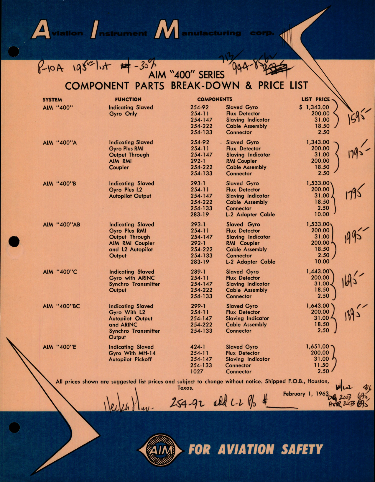 Sample page 1 from AirCorps Library document: AIM 400 Series Component Parts Break-Down and Price List