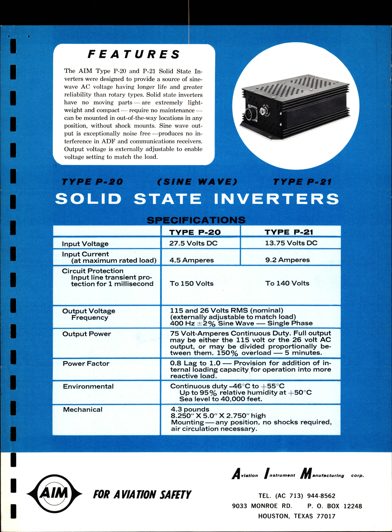Sample page 1 from AirCorps Library document: AIM Specifications for Type P-20 and P-21 (Sine Wave) Solid State Inverters