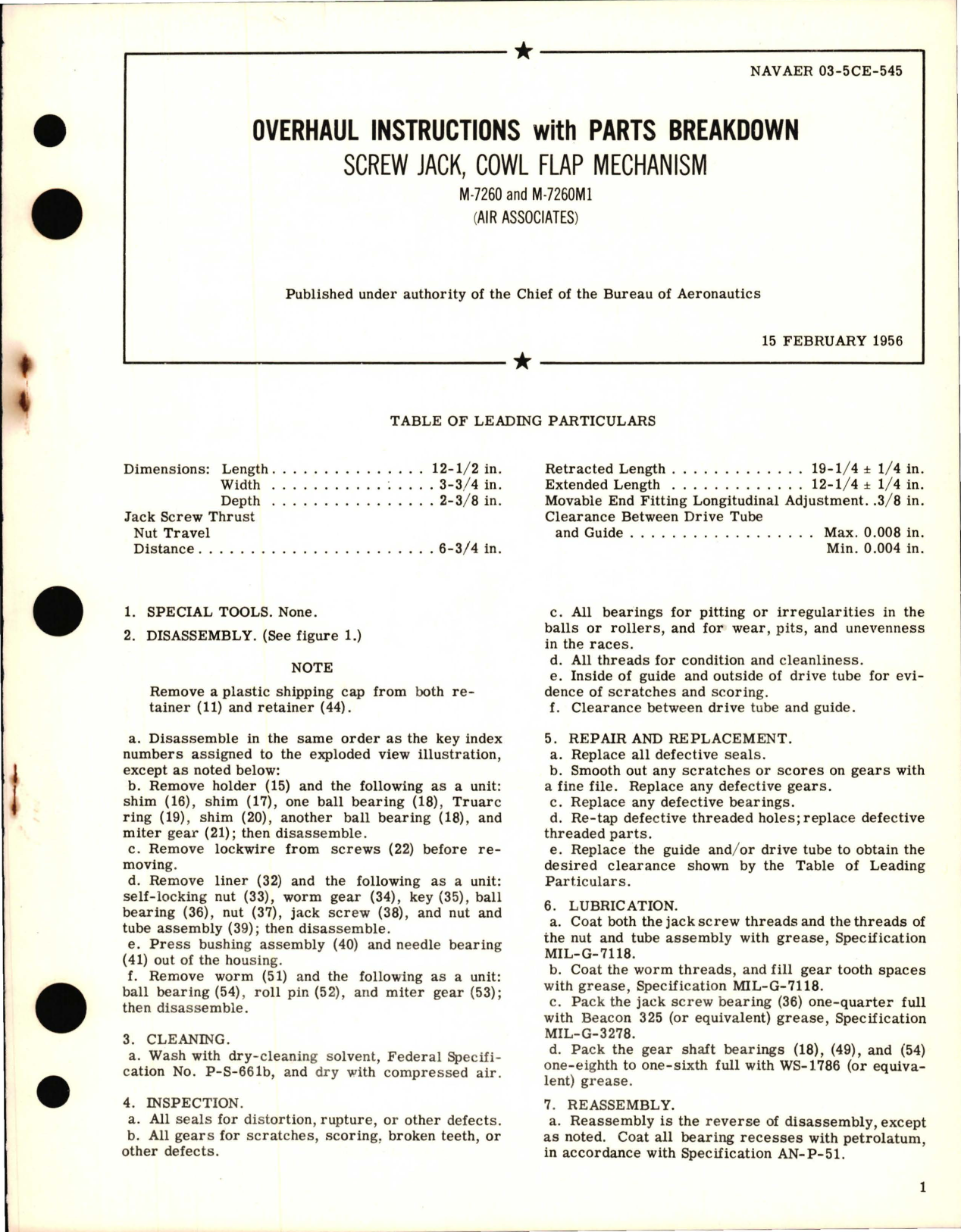 Sample page 1 from AirCorps Library document: Overhaul Instructions with Parts Breakdown for Screw Jack, Cowl Flap Mechanism - M-7260 and M-7260M1
