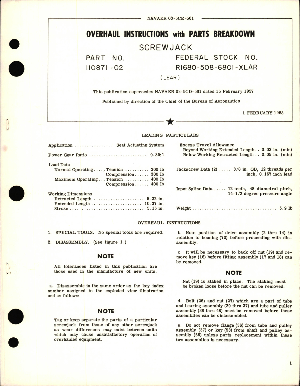 Sample page 1 from AirCorps Library document: Overhaul Instructions with Parts Breakdown for Screwjack - Part 110871-02