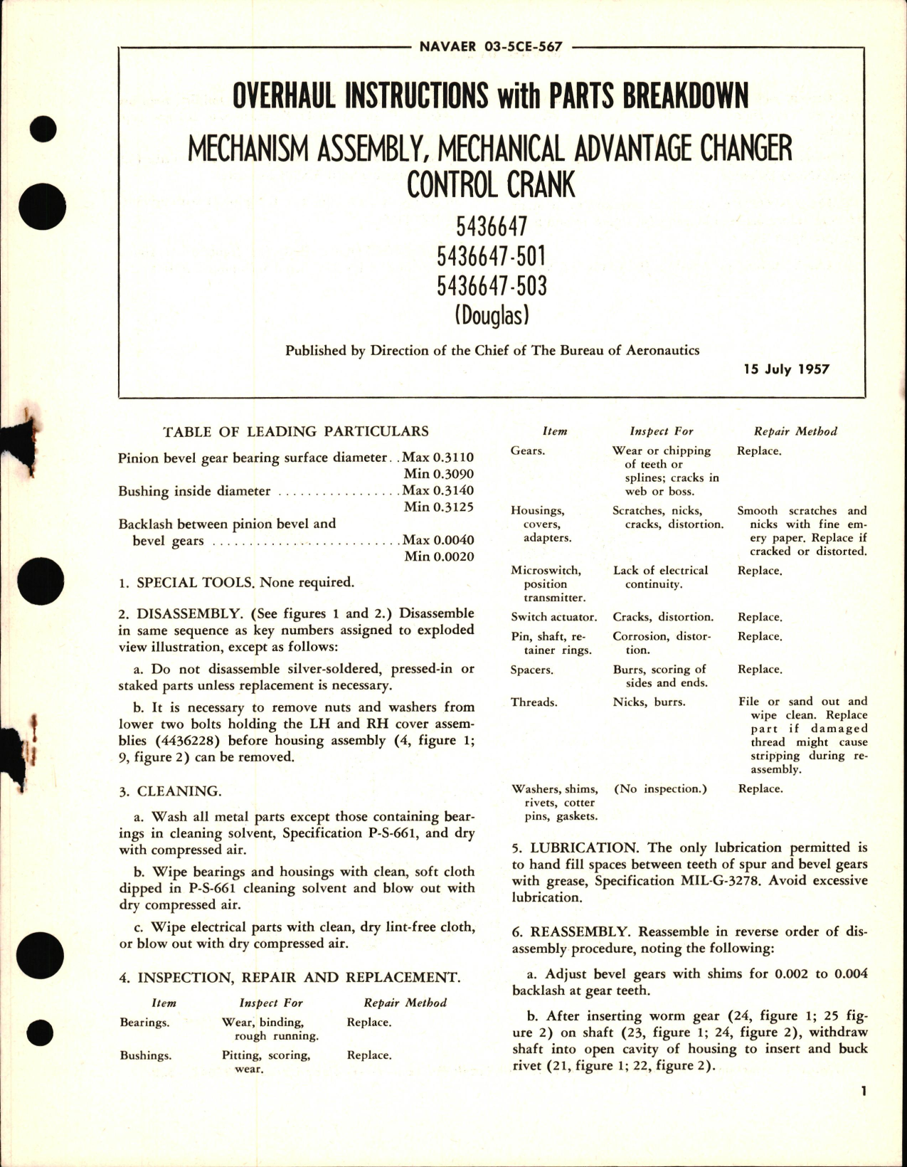 Sample page 1 from AirCorps Library document: Overhaul Instructions with Parts Breakdown for Mechanism Assembly, Mechanical Advantage Changer Control Crank 5436647, 5436647-501 and 5436647-503 