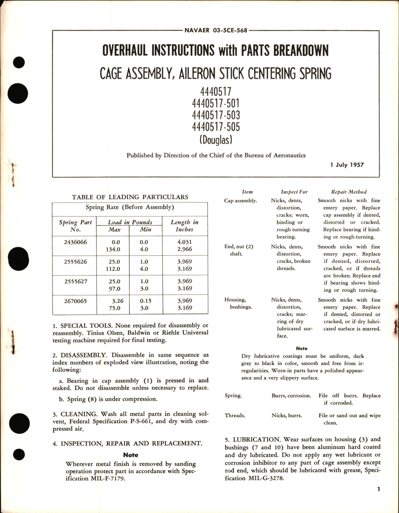 Sample page 1 from AirCorps Library document: Overhaul Instructions with Parts Breakdown for Cage Assembly, Aileron Stick Centering Spring 