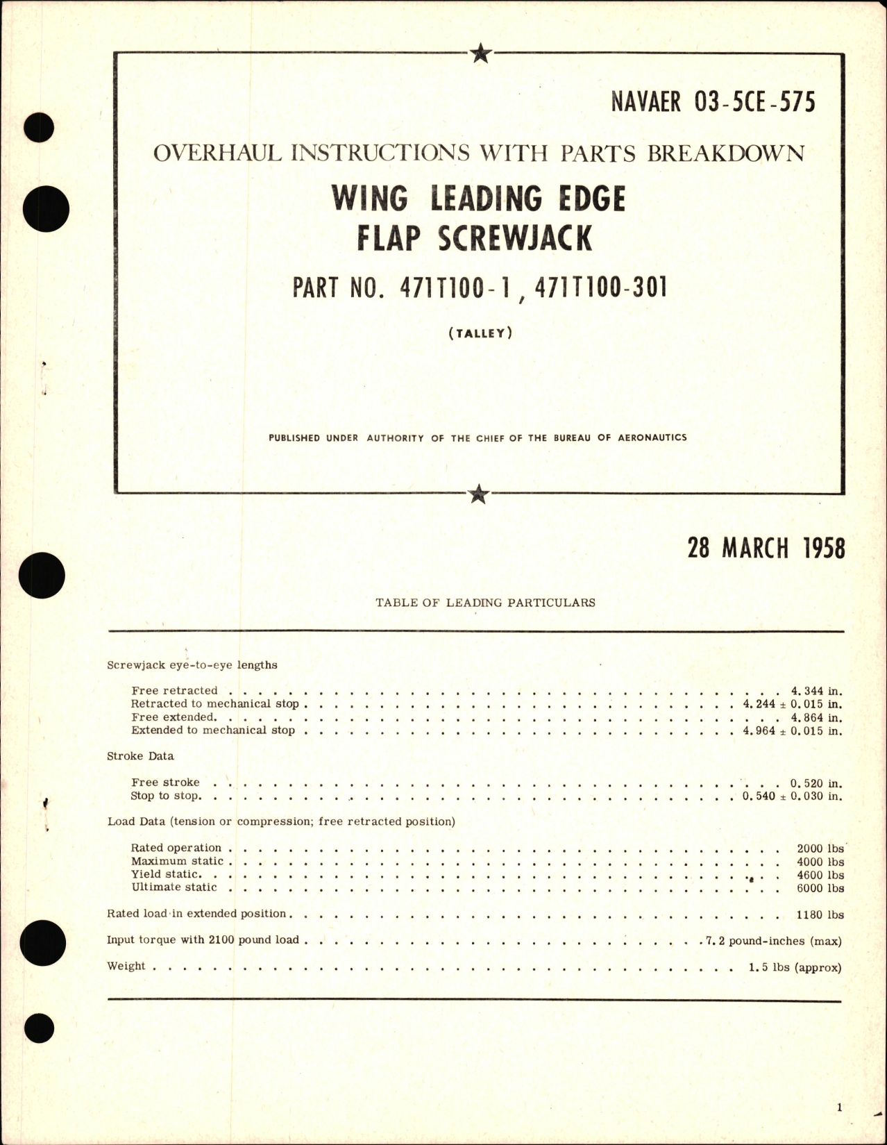 Sample page 1 from AirCorps Library document: Overhaul Instructions with Parts Breakdown for Wing, Leading Edge, Flap and Screwjack - Part 471T100-1 and 471T100-301 