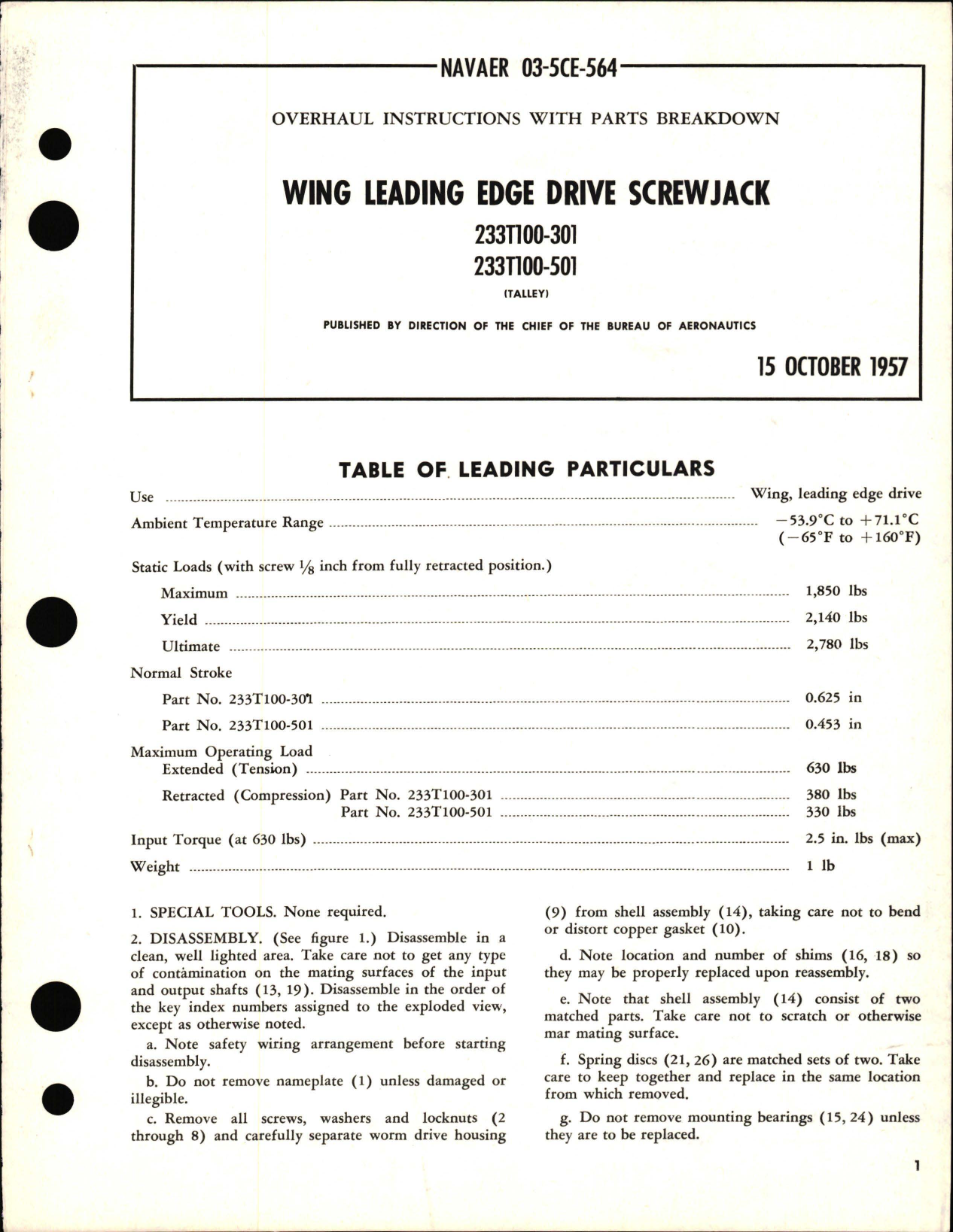 Sample page 1 from AirCorps Library document: Overhaul Instructions with Parts Breakdown for Wing Leading Edge Drive Screwjack 233T100-301 and 233T100-501
