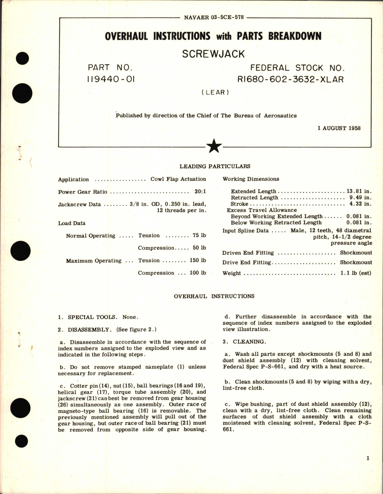 Sample page 1 from AirCorps Library document: Overhaul Instructions with Parts Breakdown for Screwjack - Part 119440-01 