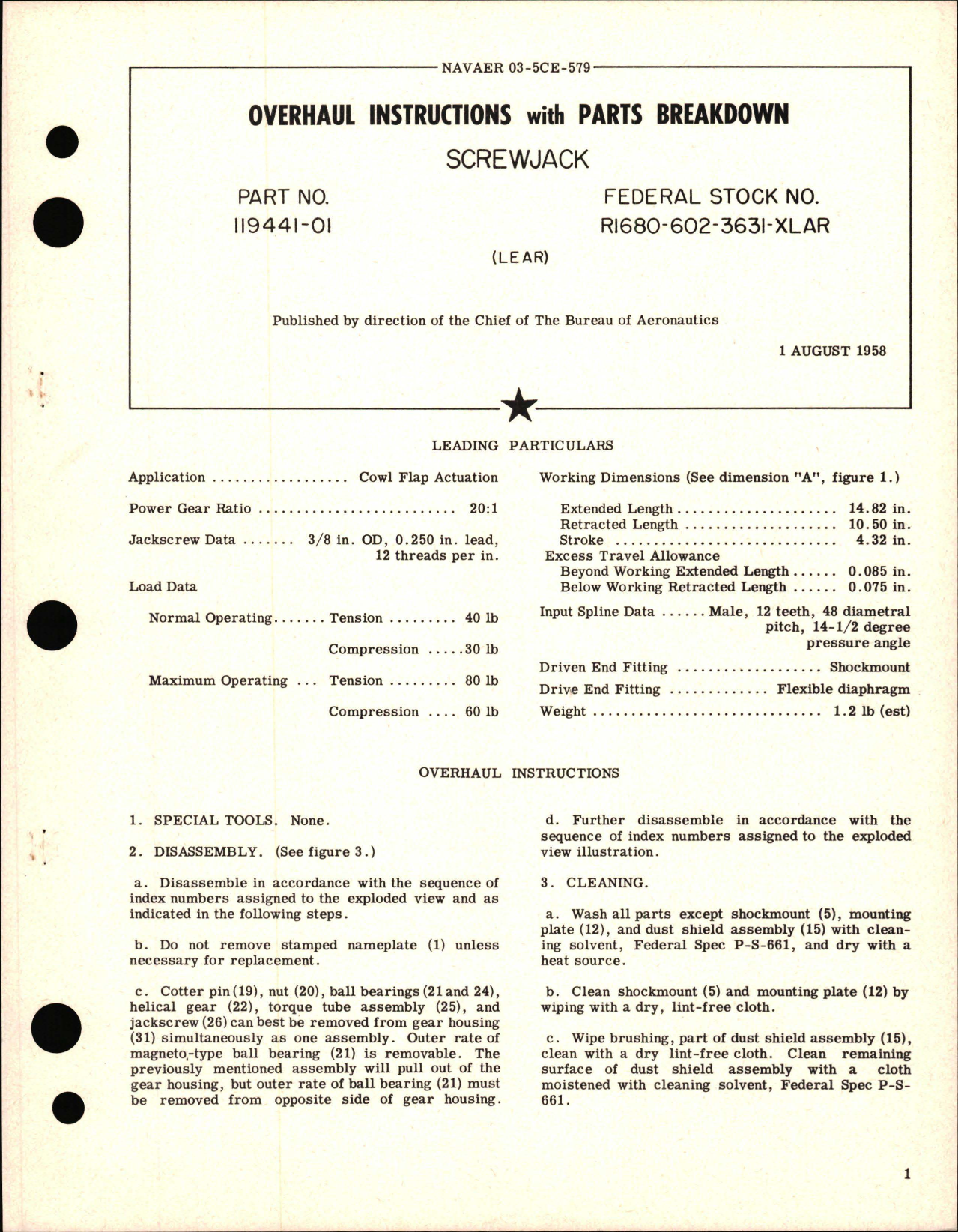 Sample page 1 from AirCorps Library document: Overhaul Instructions with Parts Breakdown for Screwjack - Part 119441-01 