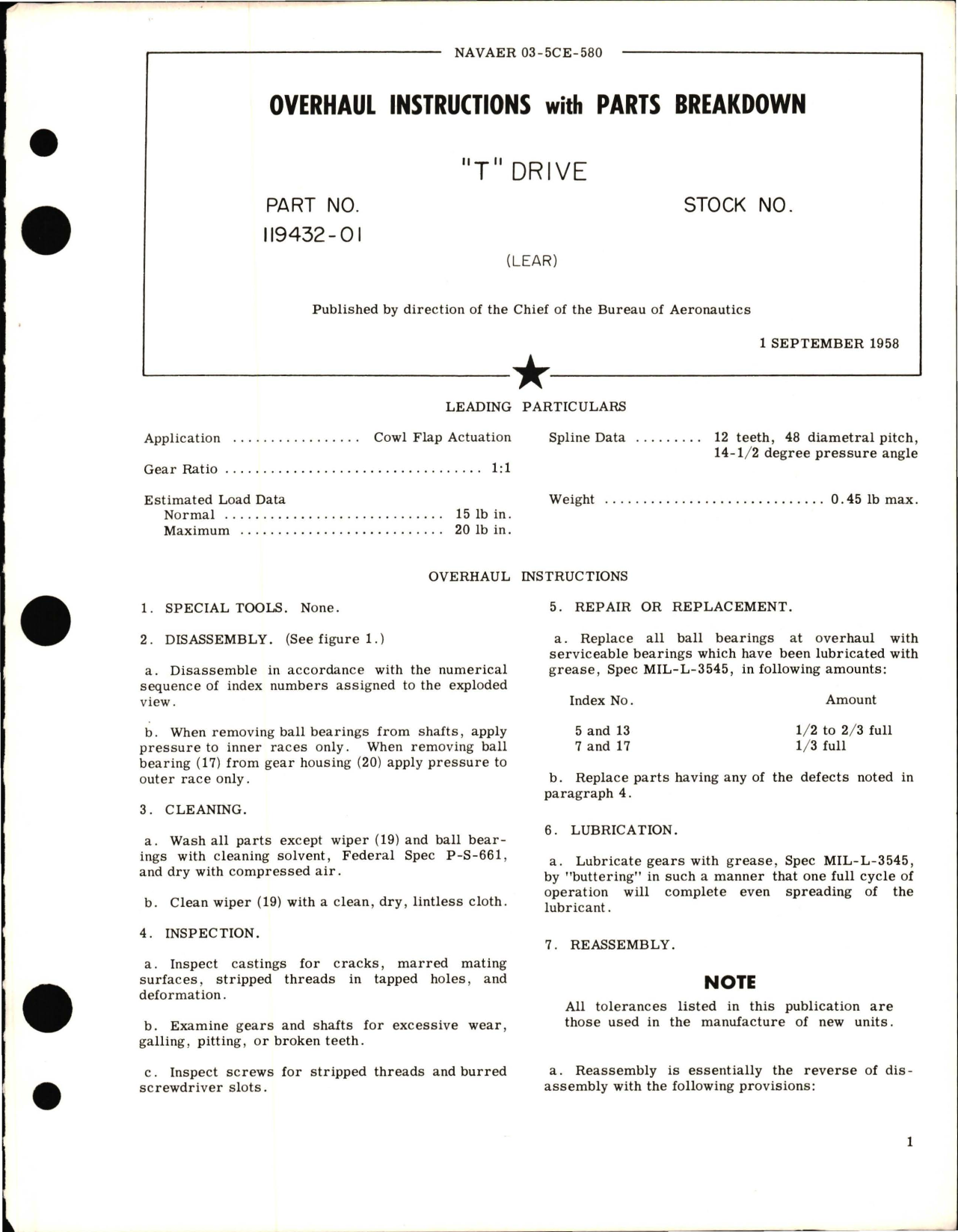 Sample page 1 from AirCorps Library document: Overhaul Instructions with Parts Breakdown for T Drive - Part 119432-01