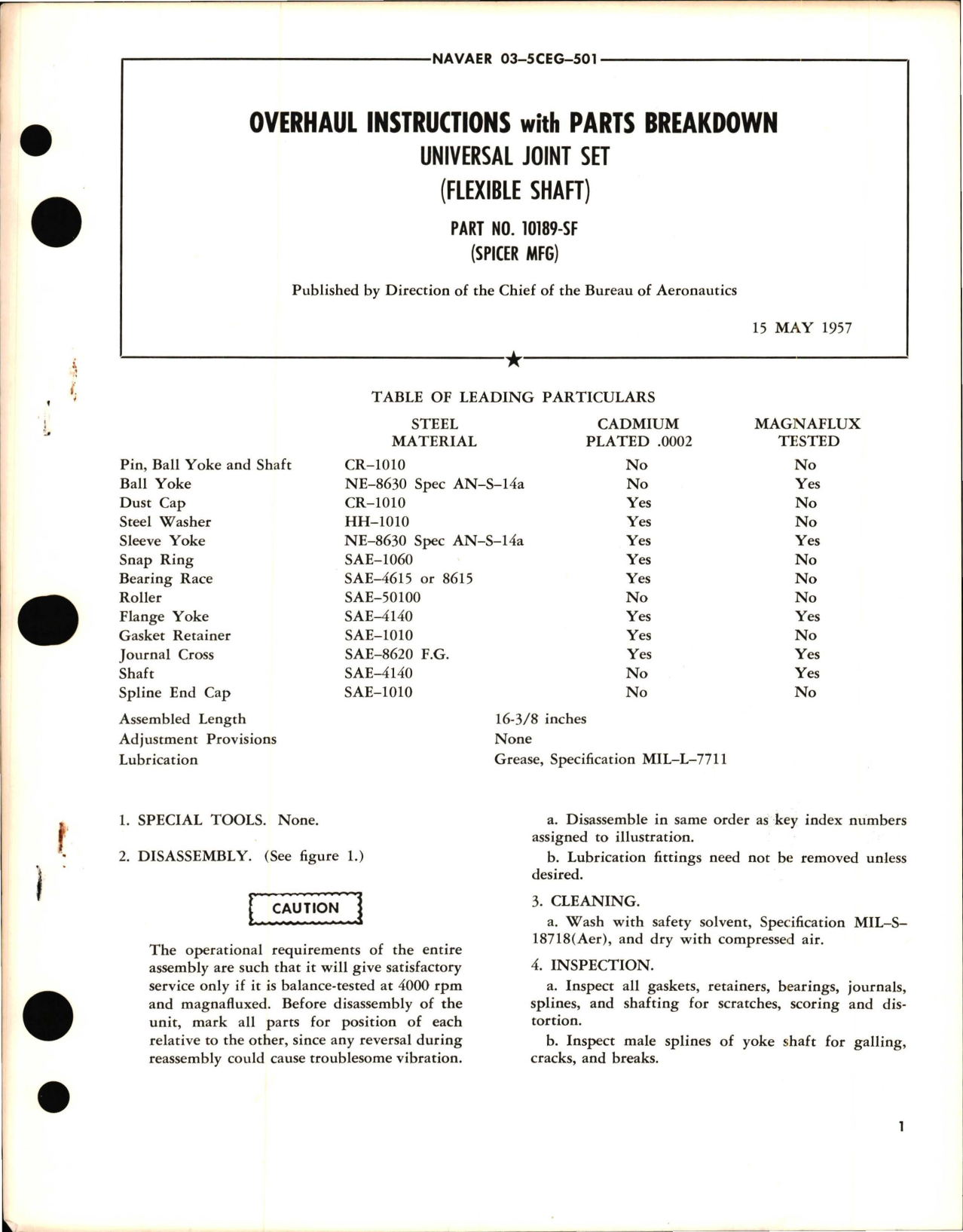 Sample page 1 from AirCorps Library document: Overhaul Instructions with Parts Breakdown for Universal Joint Set Flexible Shaft - Part 10189-SF