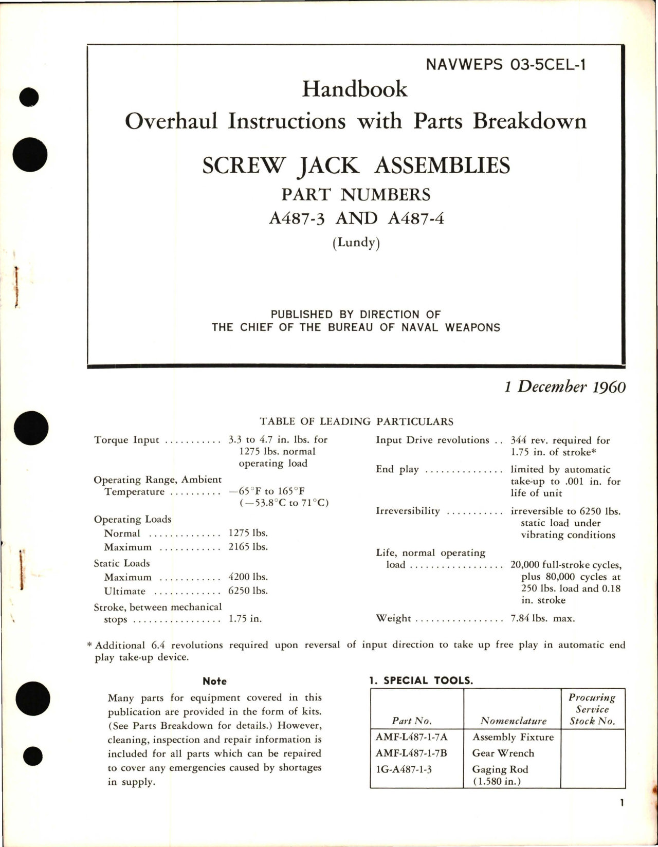 Sample page 1 from AirCorps Library document: Overhaul Instructions with Parts Breakdown for Screw Jack Assemblies - Part A487-3 and A487-4
