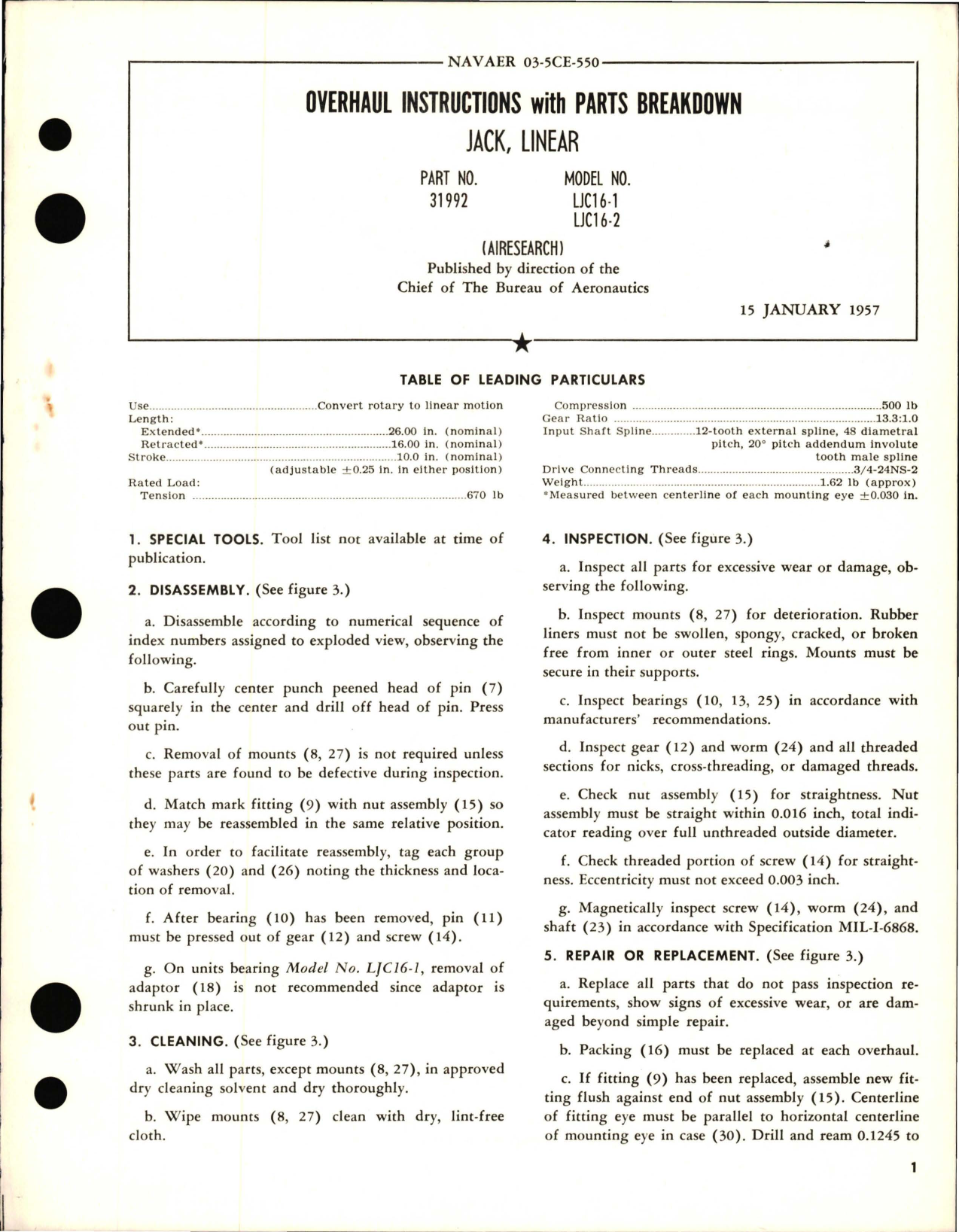 Sample page 1 from AirCorps Library document: Overhaul Instructions with Parts Breakdown for Linear Jack - Part 31992 - Model LJC16-1 and LJC16-2