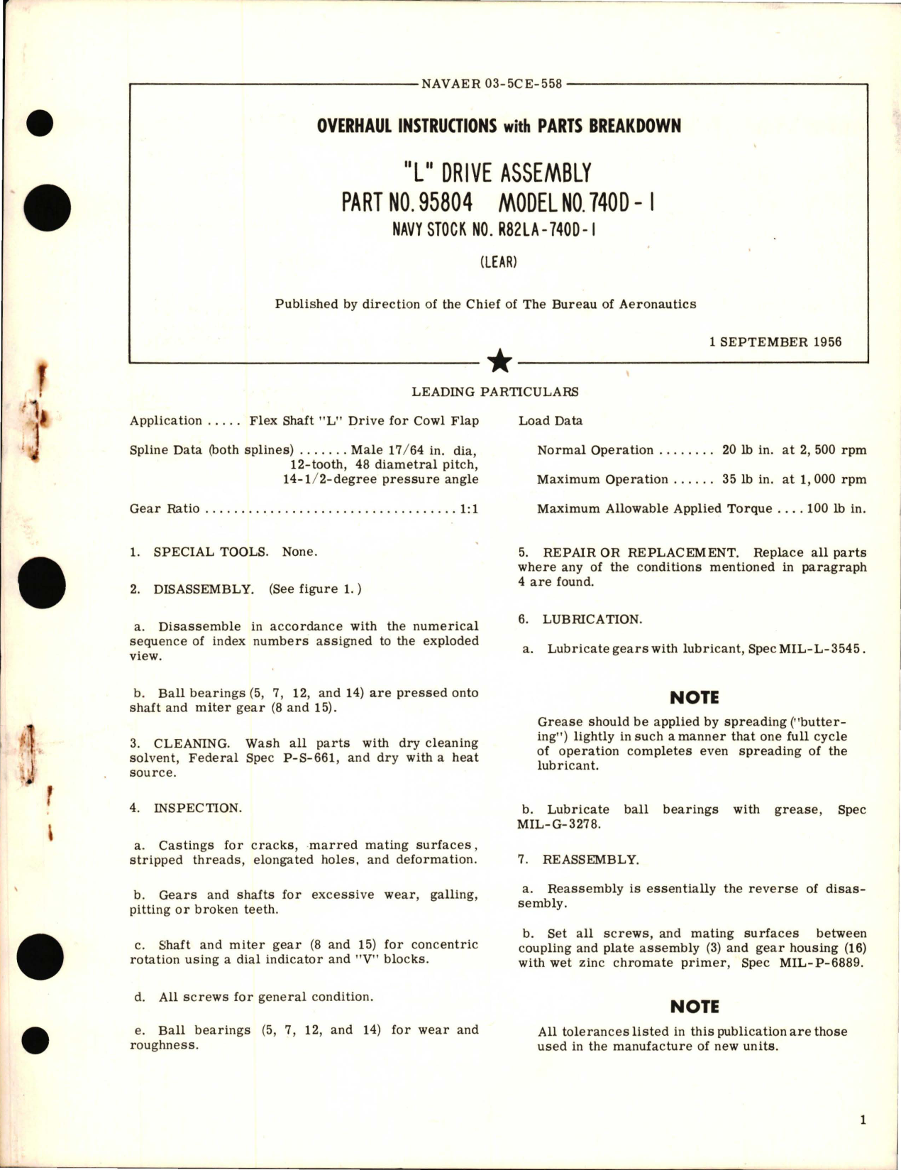 Sample page 1 from AirCorps Library document: Overhaul Instructions with Parts Breakdown for L Drive Assembly - Part 95804 Model 740D-1 