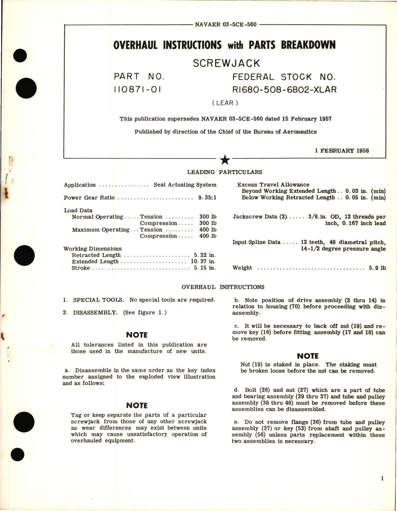 Sample page 1 from AirCorps Library document: Overhaul Instructions with Parts Breakdown for Screwjack - Part 110871-01