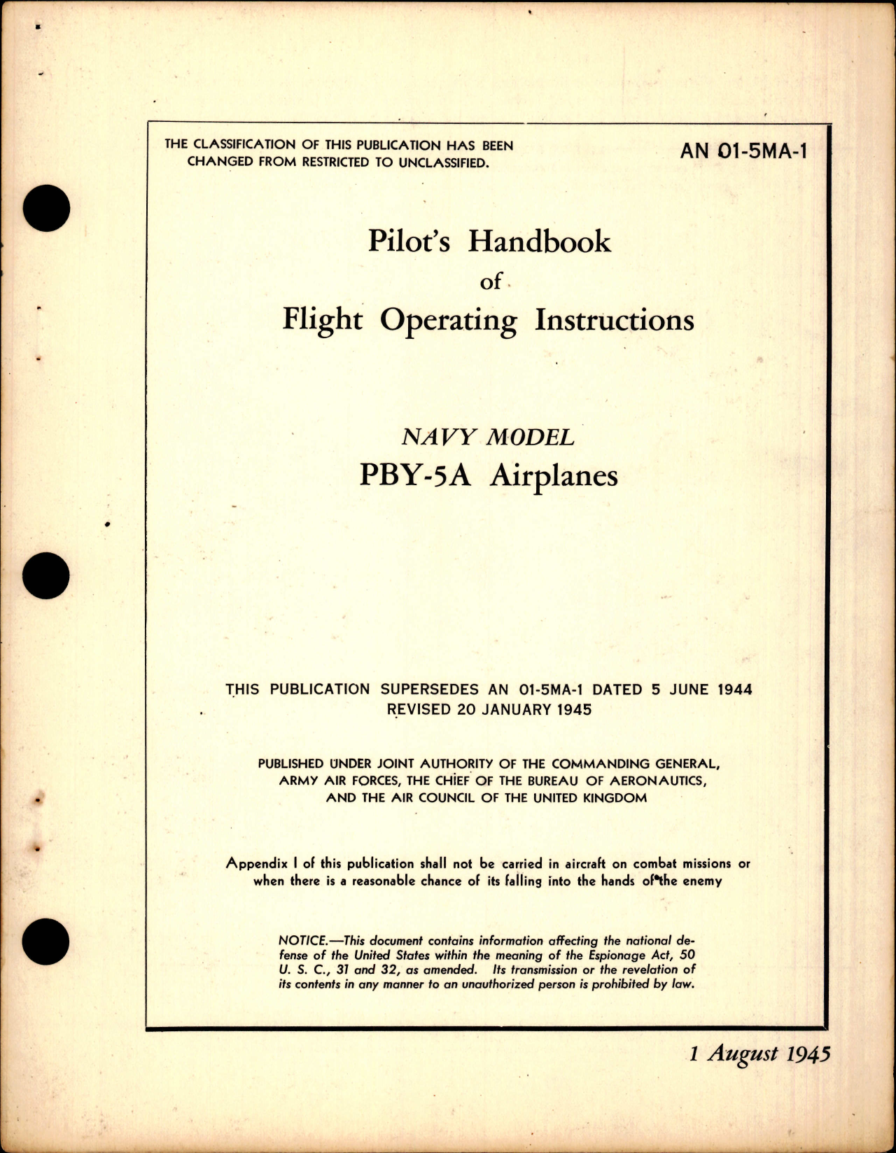 Sample page 1 from AirCorps Library document: Pilot's Flight Operating Instructions for PBY-5A