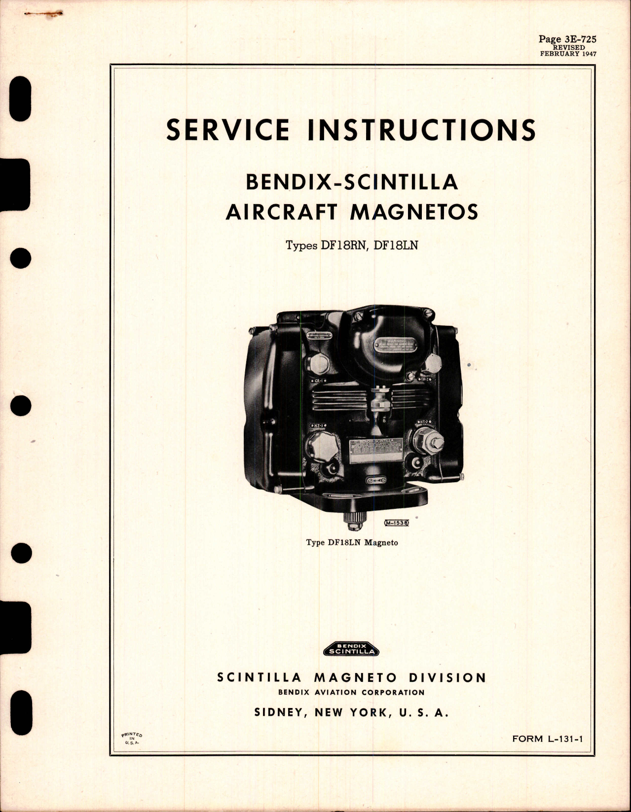 Sample page 1 from AirCorps Library document: Service Instructions for Bendix-Scintilla Aircraft Magnetos Types DF18RN and DF18LN