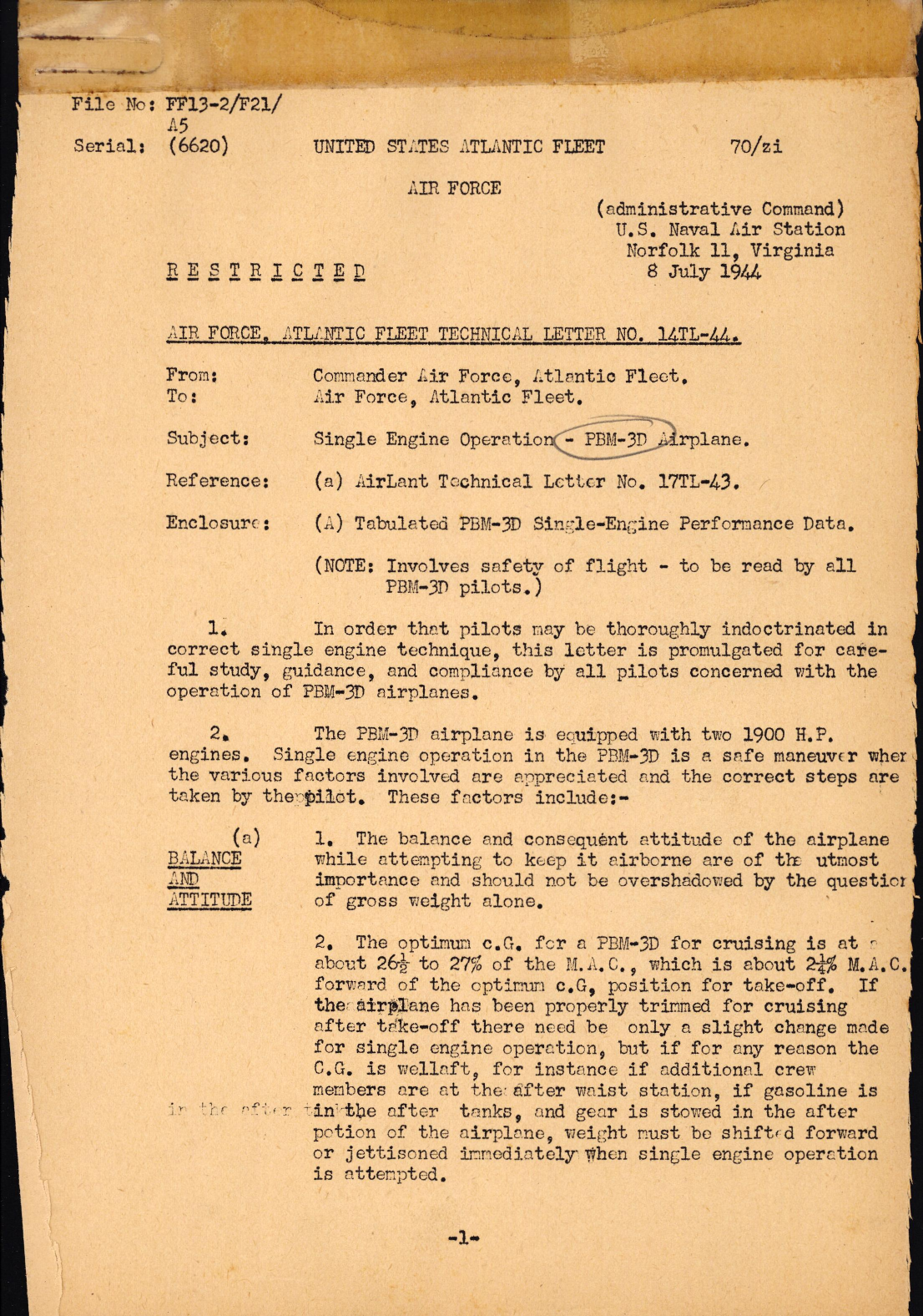 Sample page 1 from AirCorps Library document: Air Force Atlantic Fleet Technical Letter No. 14TL-44 Subject Single Engine Operation - PBM-3D Airplane