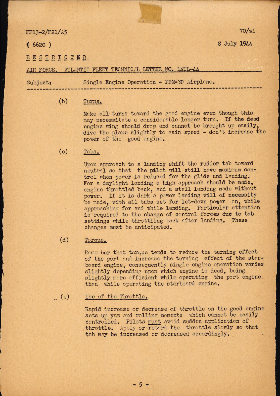 Sample page 5 from AirCorps Library document: Air Force Atlantic Fleet Technical Letter No. 14TL-44 Subject Single Engine Operation - PBM-3D Airplane