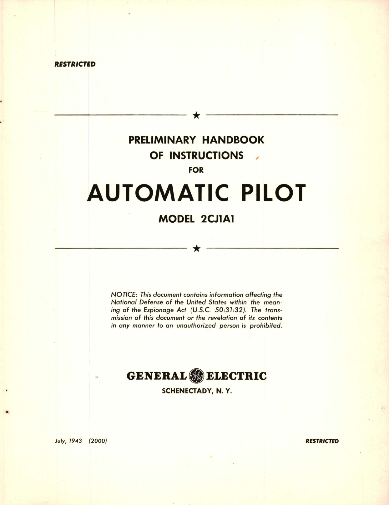 Sample page 1 from AirCorps Library document: Preliminary Handbook of Instructions for Automatic Pilot Model 2CJ1A1 