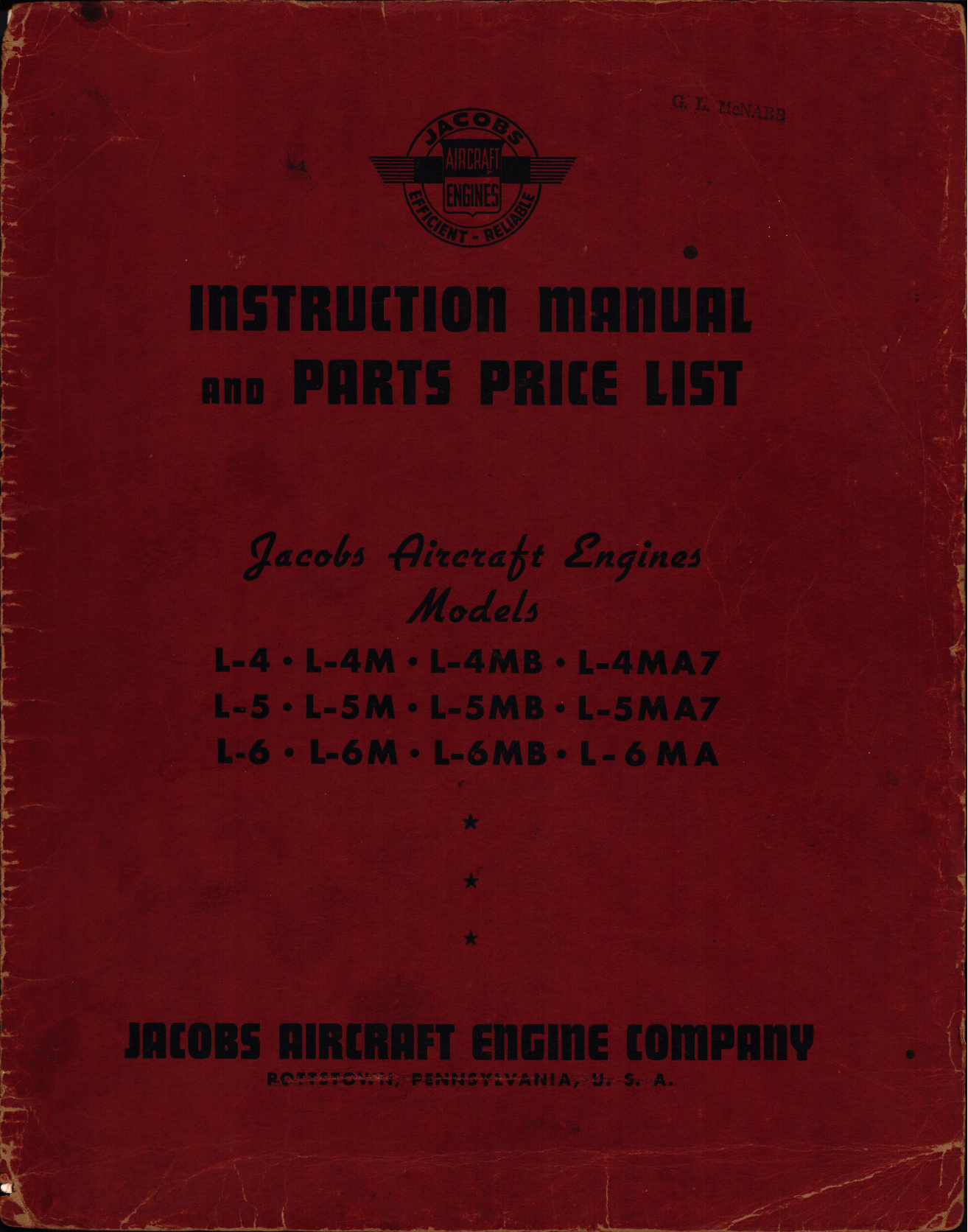Sample page 1 from AirCorps Library document: Instruction Manual and Parts Price List for Jacob Aircraft Engines Models L-4, -4M, -4MB, -4MA7, L-5, -5M, -5MB, -5MA7, L-6, -6M, -6MB, -6 MA