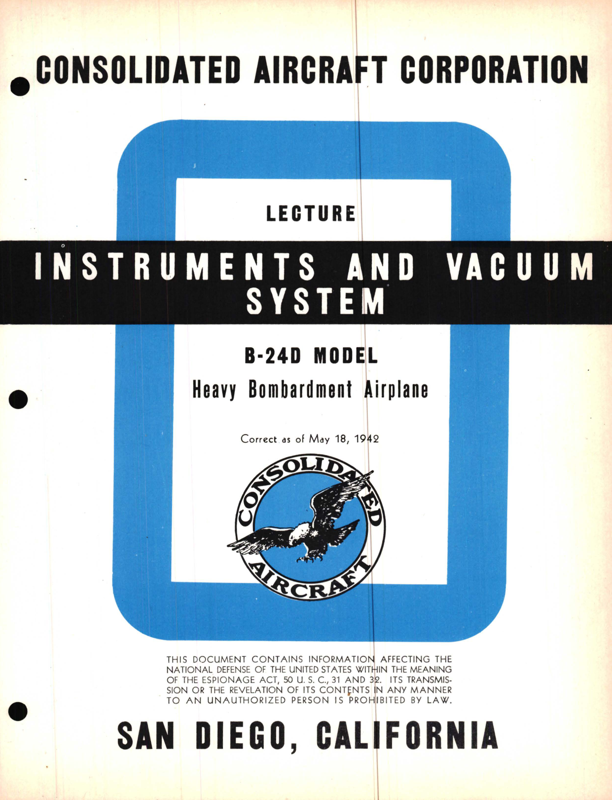 Sample page 1 from AirCorps Library document: Instruments and Vacuum System Lecture, B-24D Model - Familiarization Manual